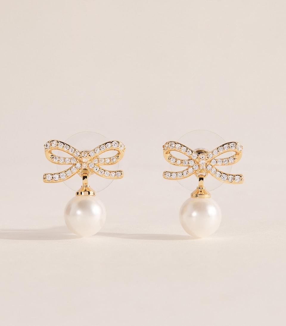 Self-Portrait Crystal and Faux Pearl Bow Stud Earrings Gold