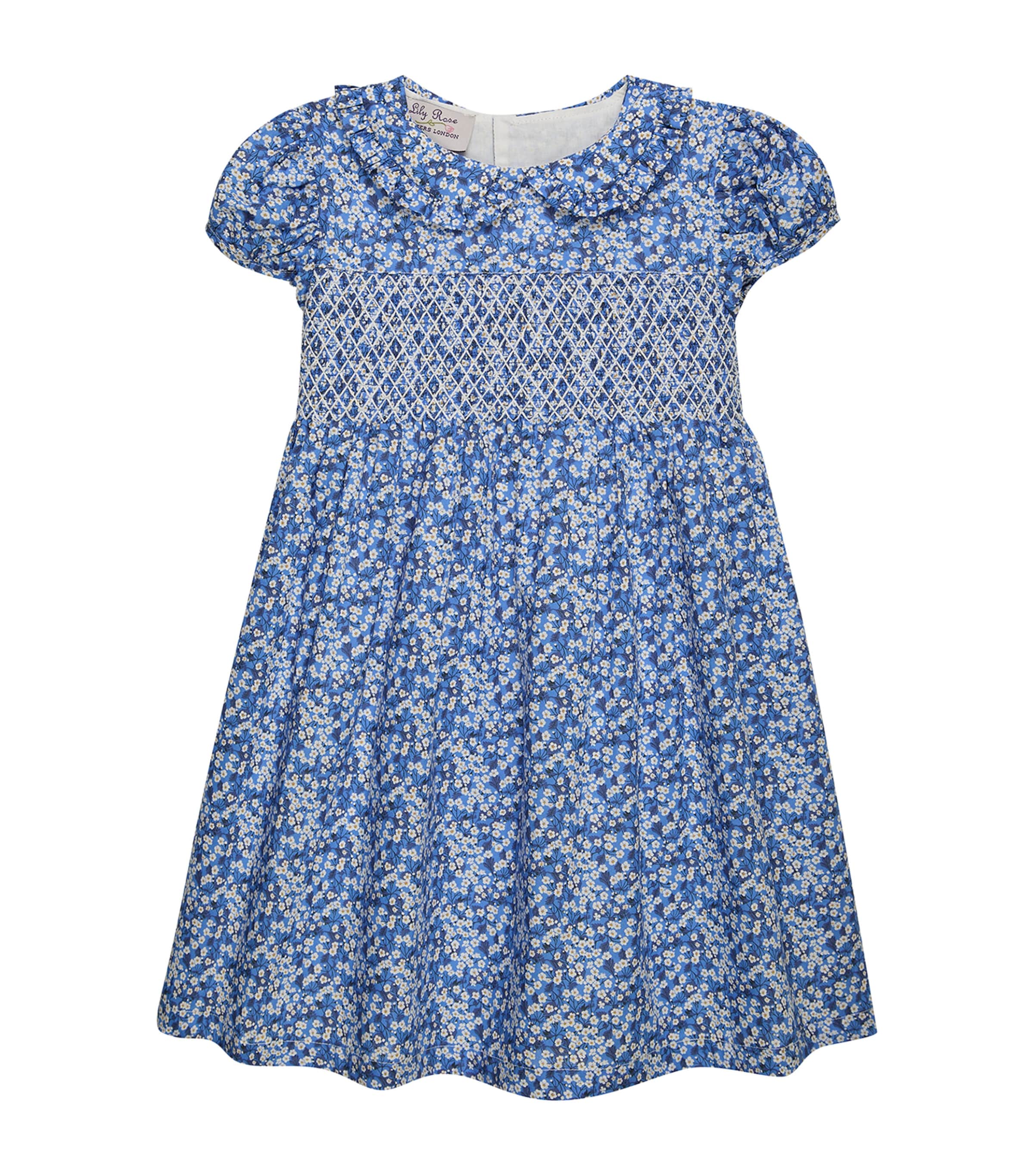 Trotters Cotton Floral Mitsi Smocked Dress (2-5 Years) Blue