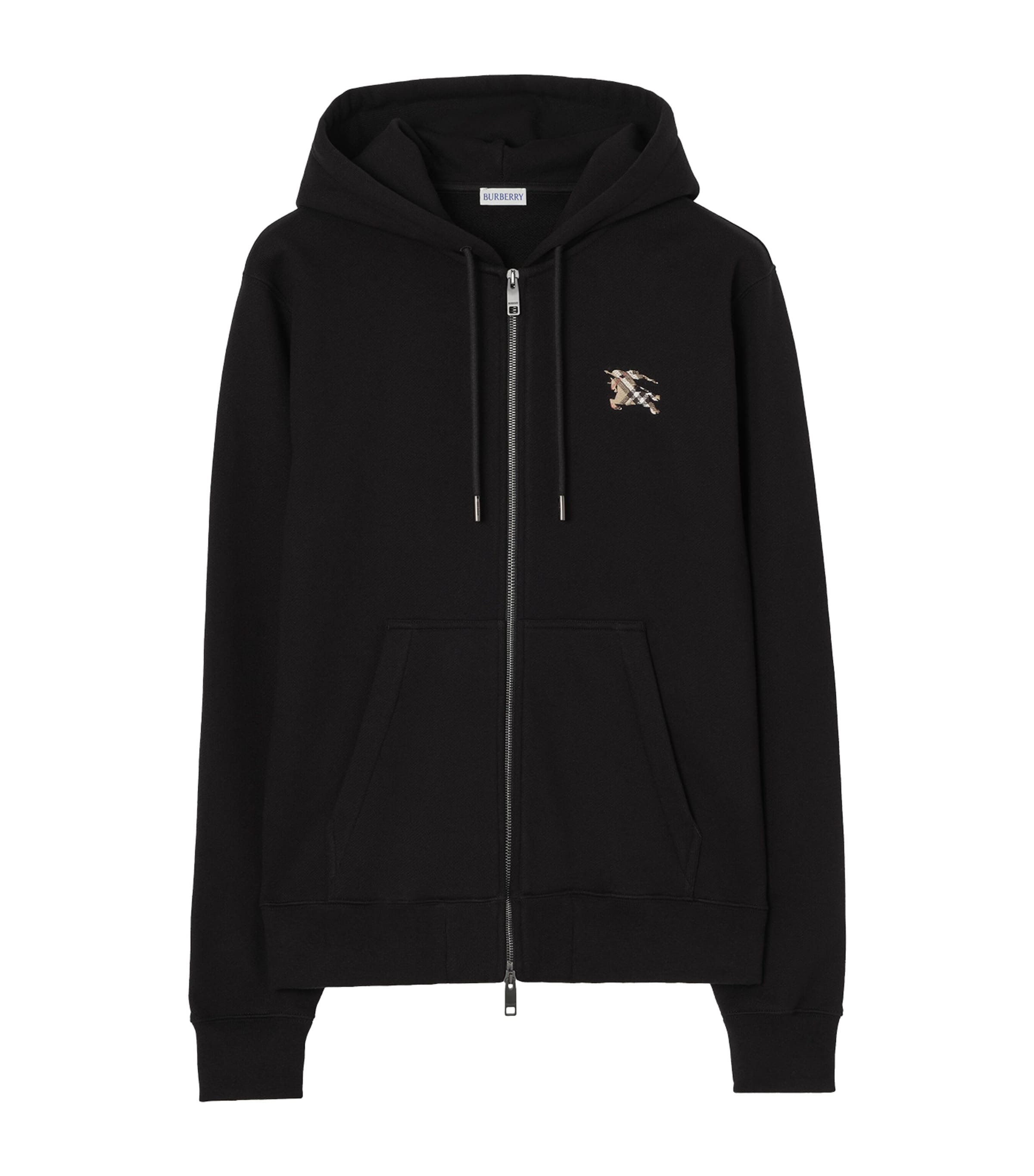 Burberry Mens Cotton Check Knight Stamp Zip-Up Hoodie Black