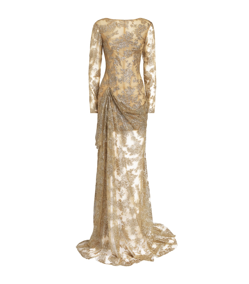 Sandra Mansour Womens Embellished Long-Sleeve Gown Gold