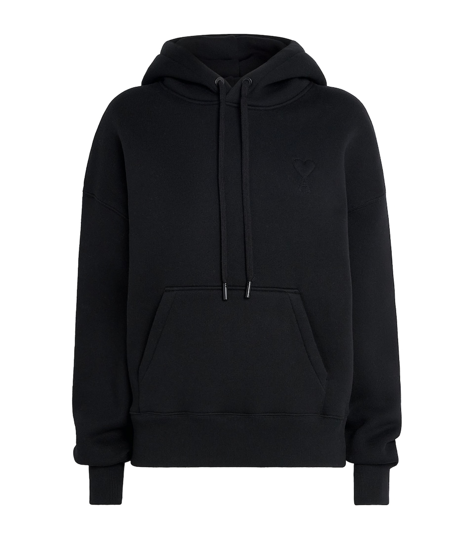 AMI Paris Womens Cotton Embossed Ami de Coeur Hoodie Noir