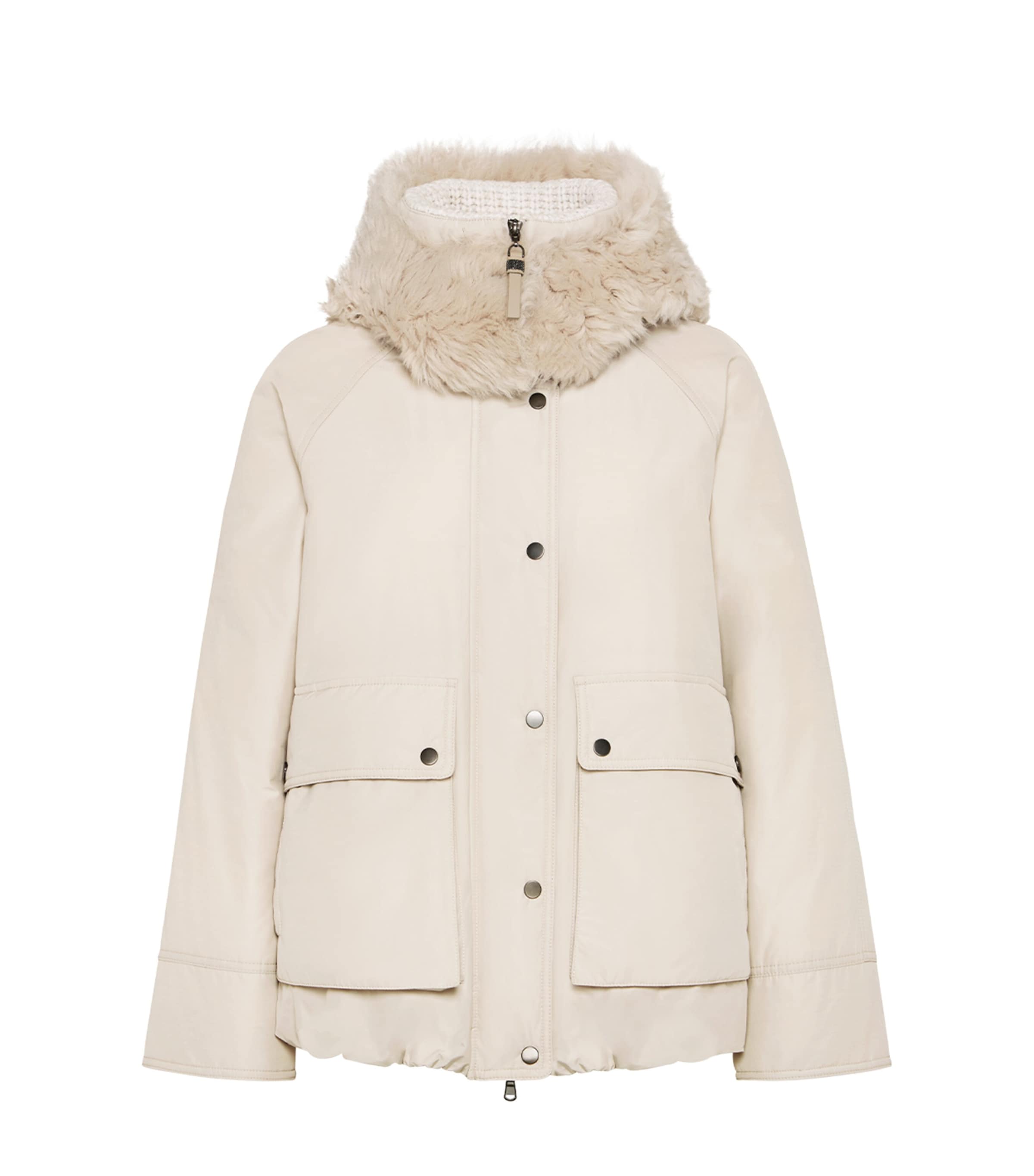 Brunello Cucinelli Womens Down Shearling-Trim Parka Grey