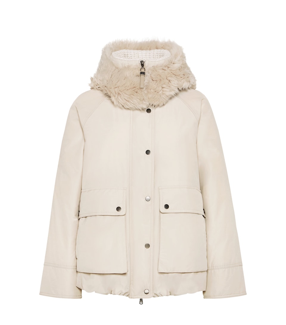Brunello Cucinelli Womens Down Shearling-Trim Parka Grey
