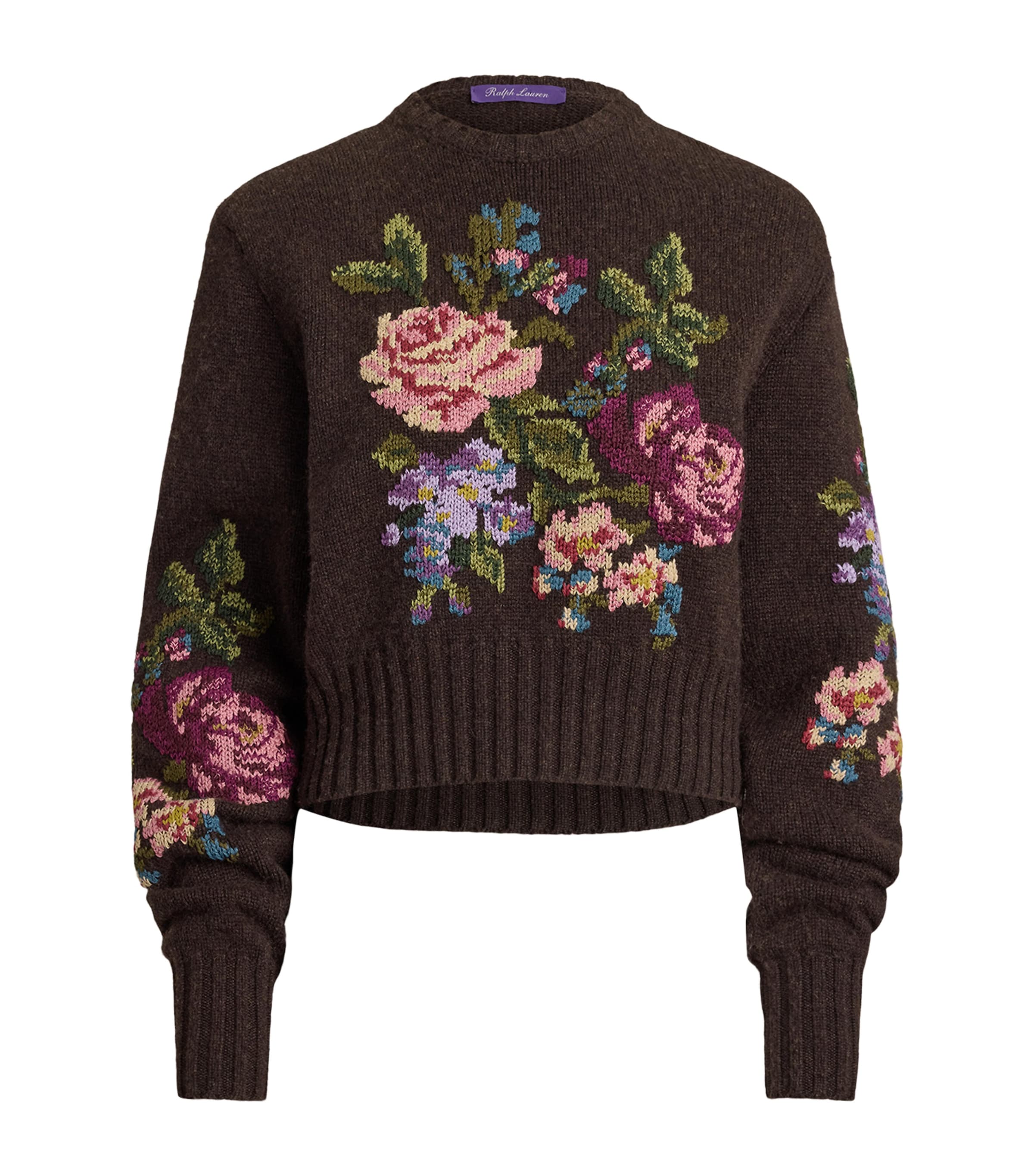 Ralph Lauren Collection Womens Cashmere Floral Intarsia Sweater Choco/luggage Brown