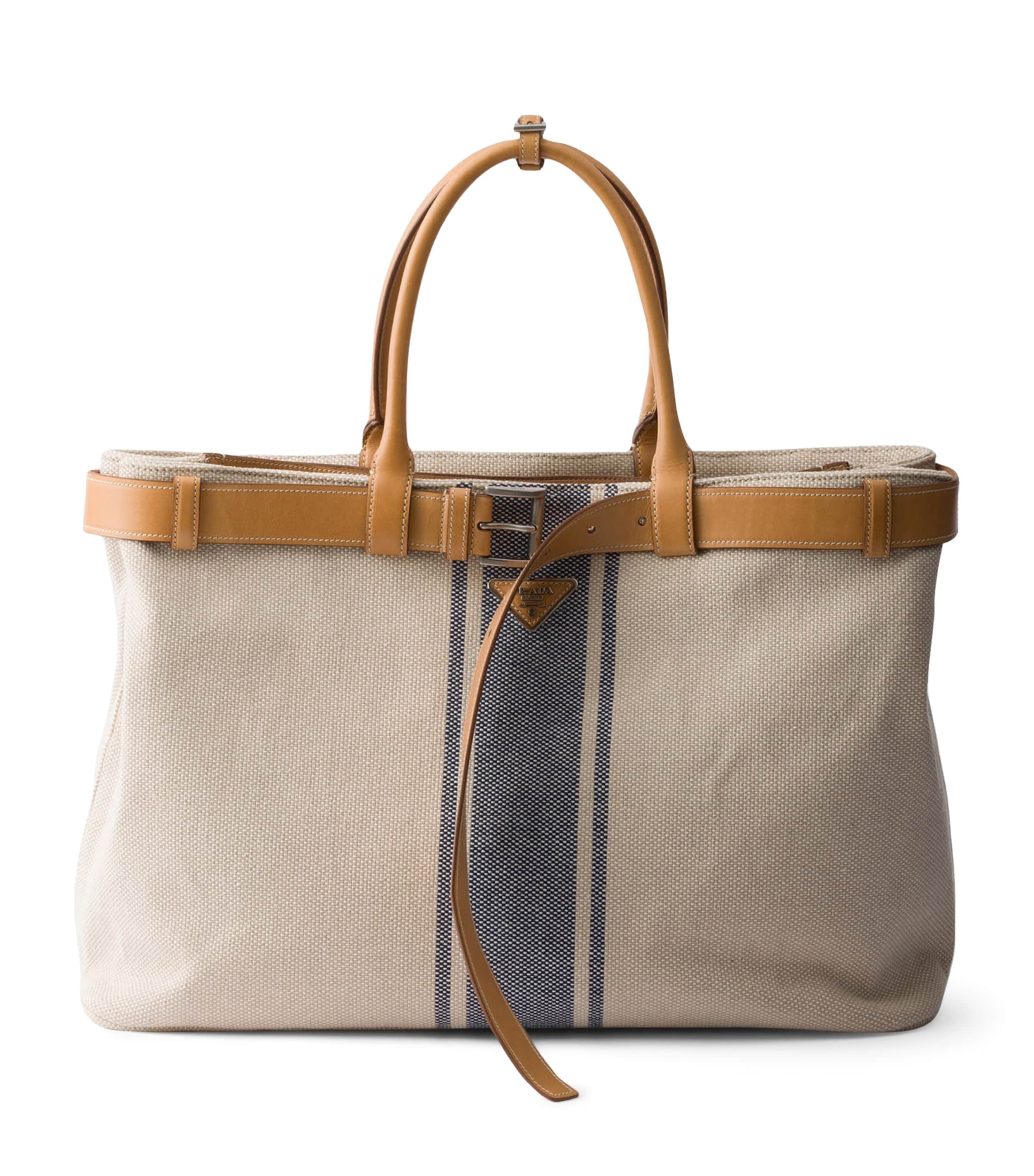 Prada Cotton-Leather Canvas Tote Bag Neutral