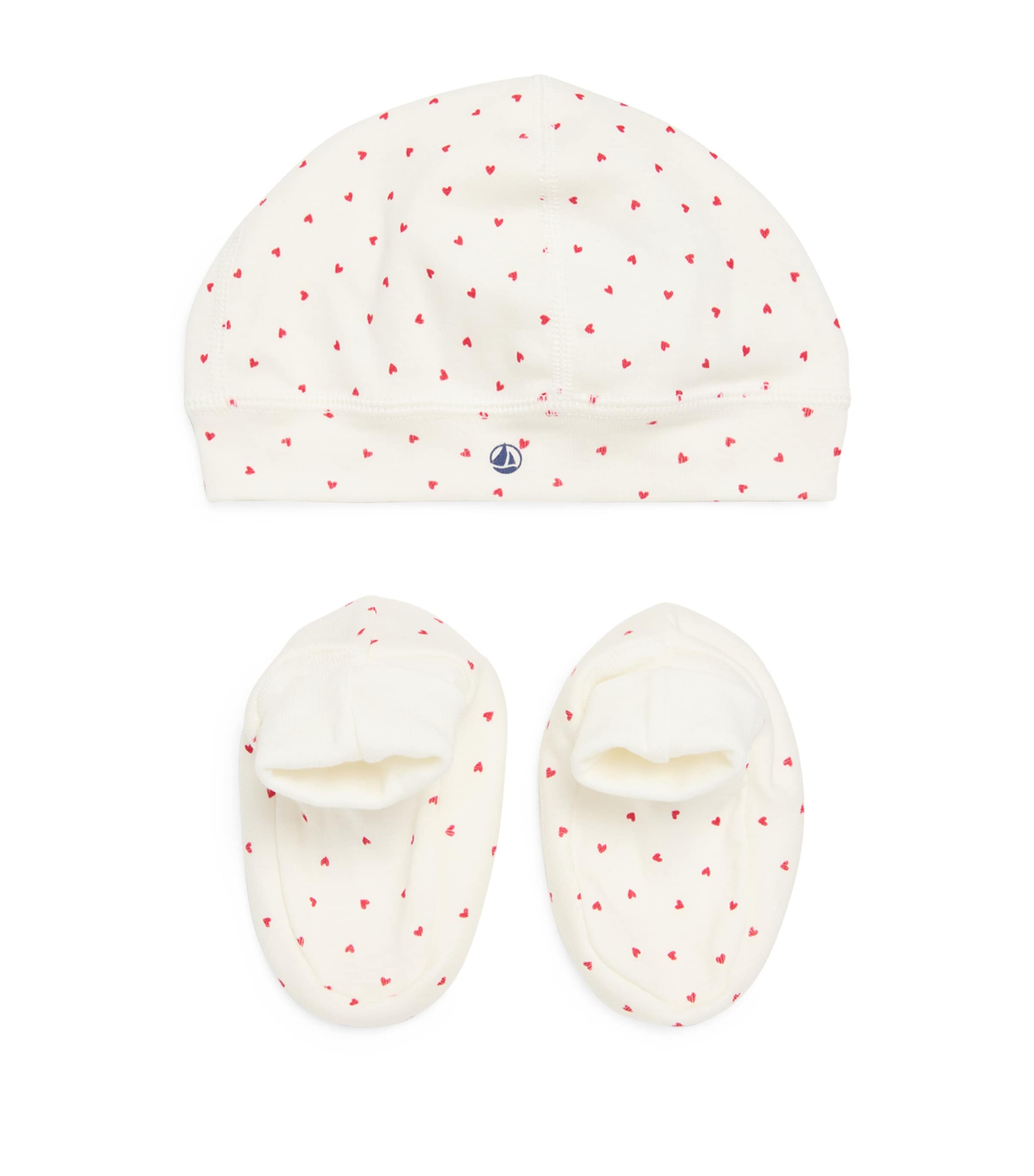 Petit Bateau Heart Print Hat and Booties Set