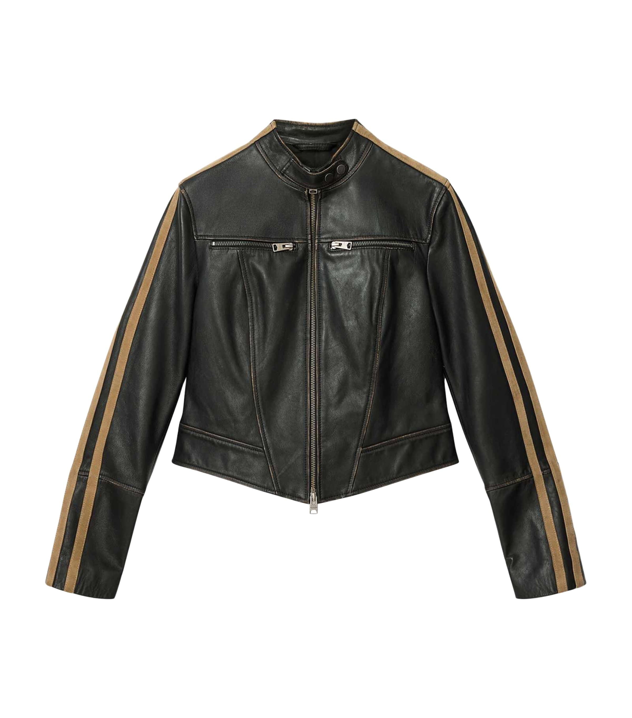 AllSaints Womens Tiggy Biker Leather Jacket Black/beige