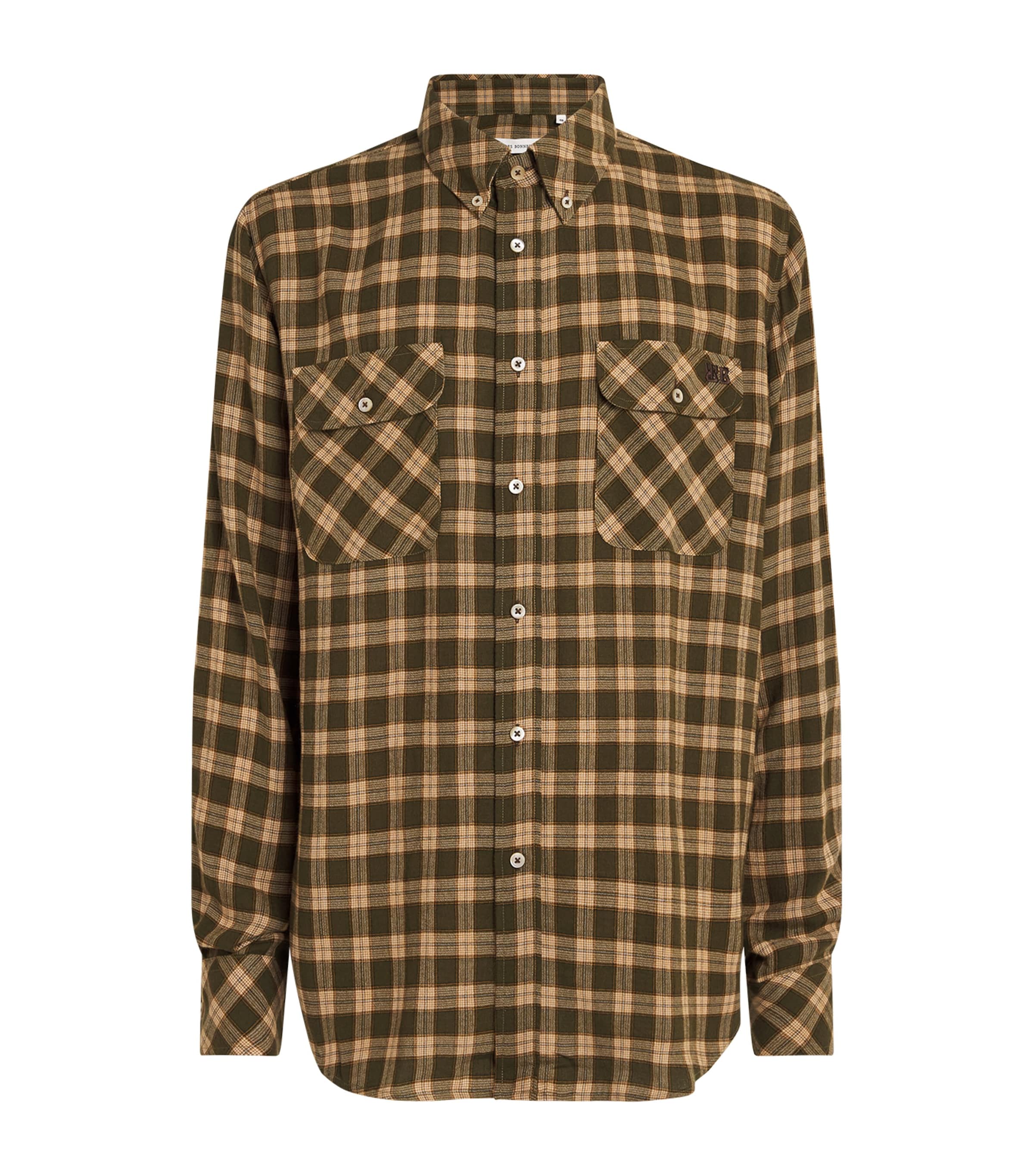Wales Bonner Mens Cotton Check Canopy Shirt Jade / Ocre / Oyster