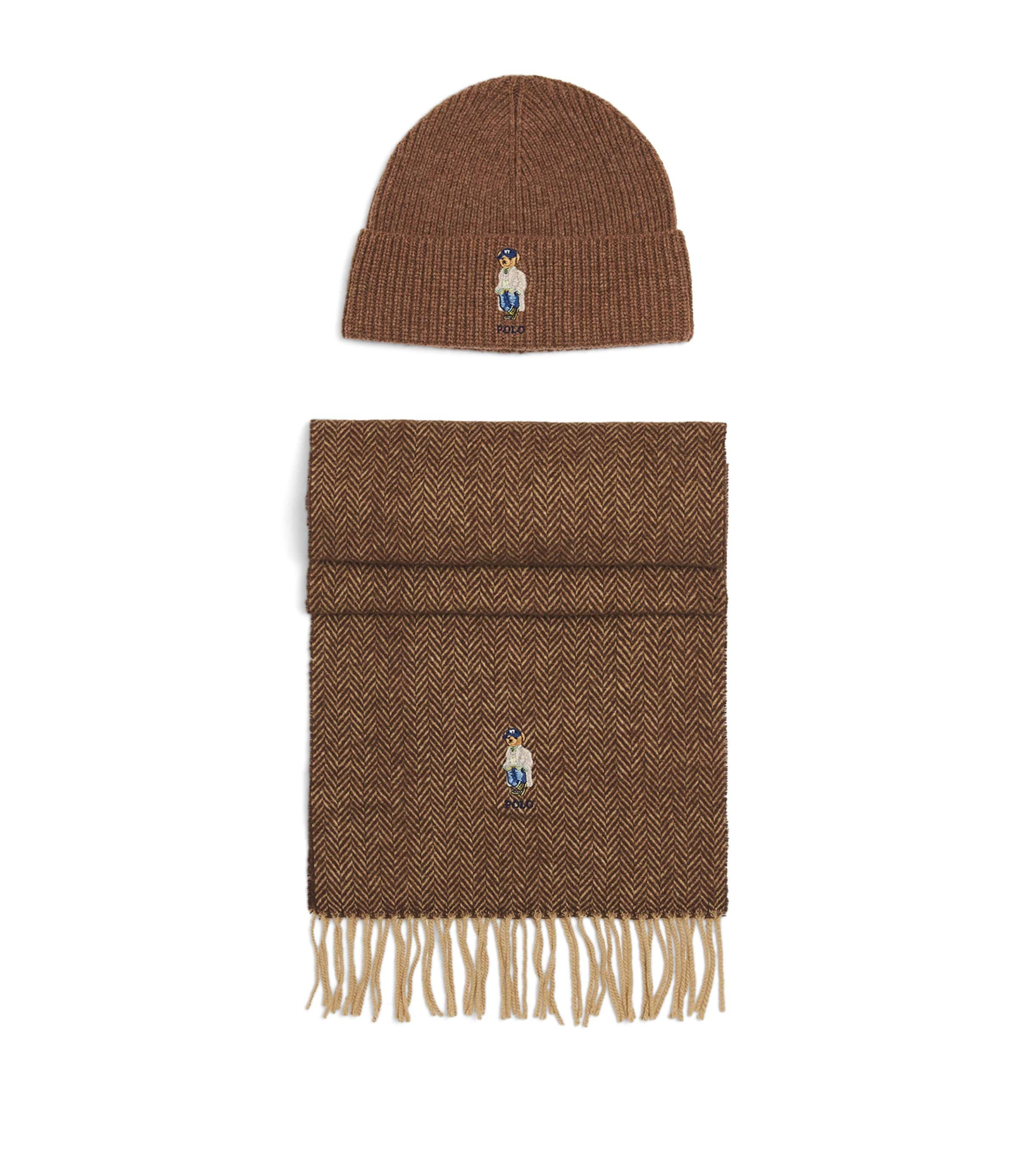 Polo Ralph Lauren Wool Polo Bear Beanie and Scarf Set Brown Heather