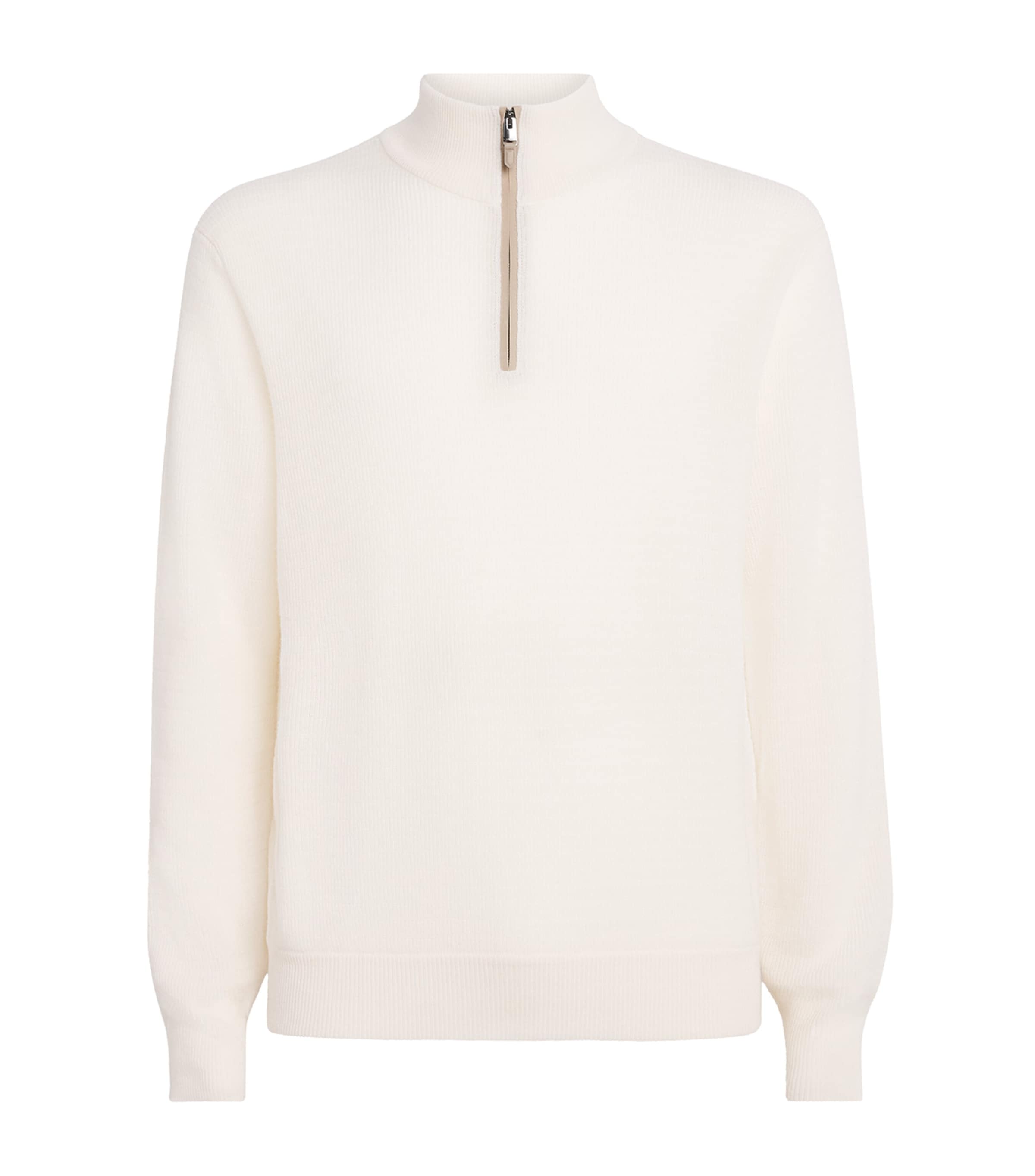 Canali Mens Wool-Cashmere Quarter-Zip Sweater White