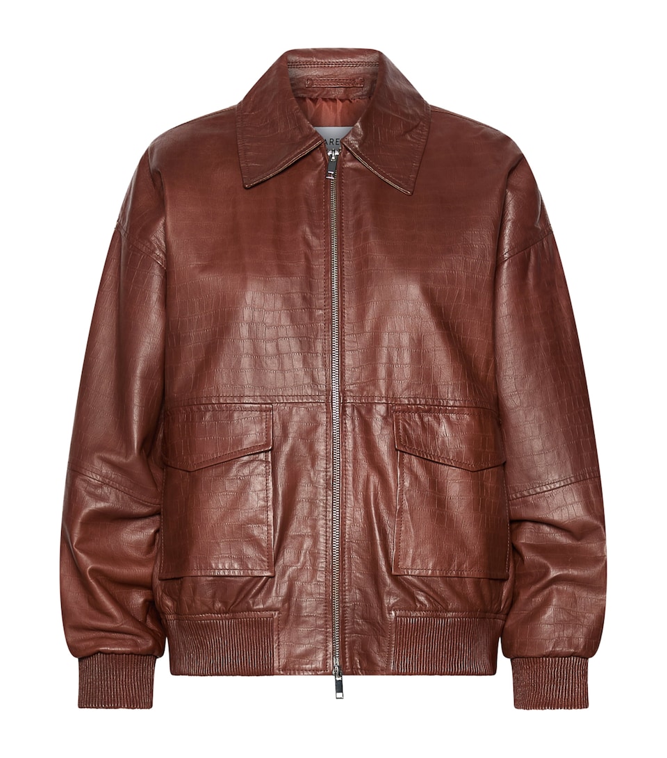 Marella Womens Croc-Embossed Leather Bomber Jacket Brown
