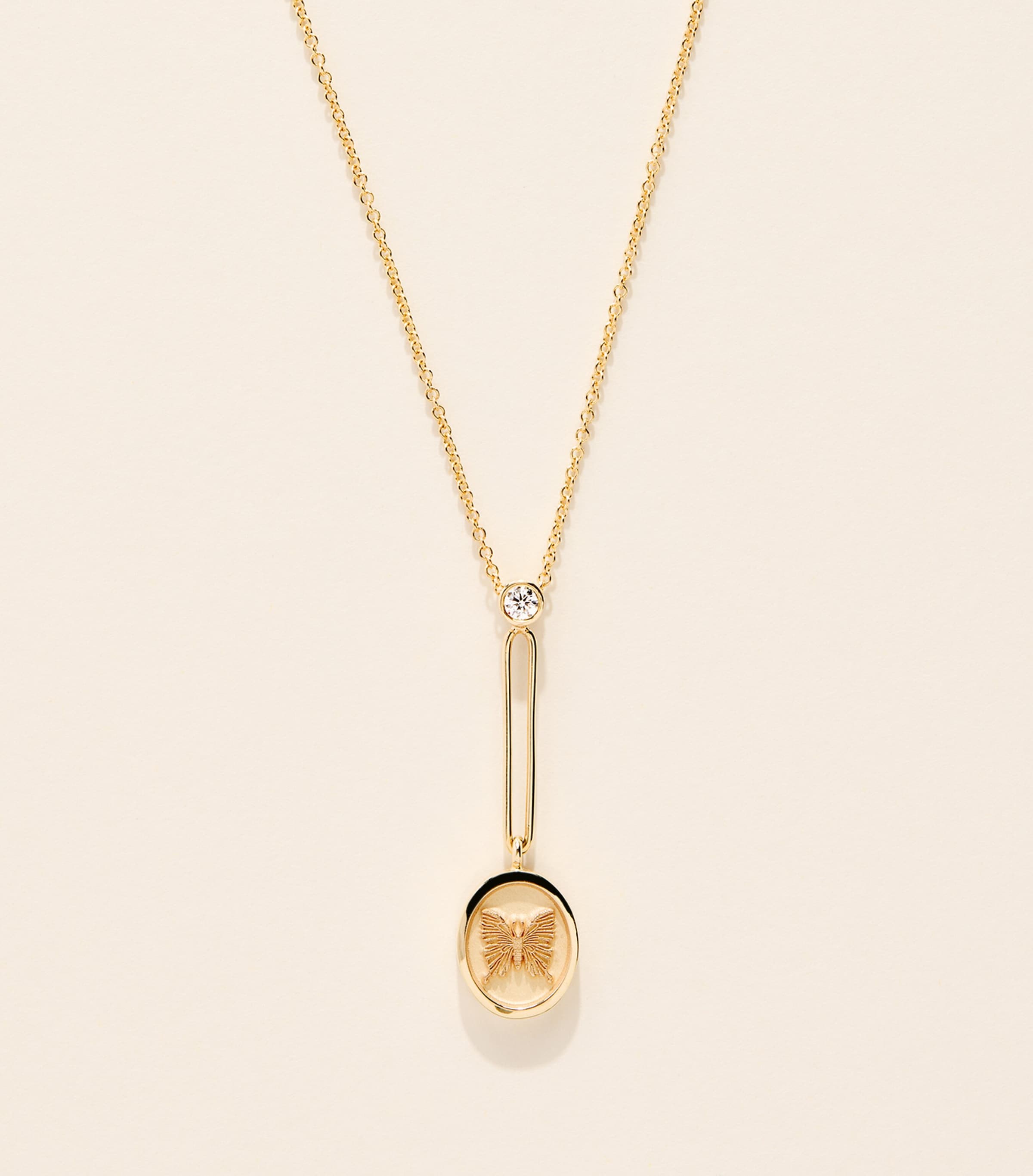 Retrouvaí Yellow Gold and Diamond Butterfly Fantasy Signet Necklace Yellow Gold