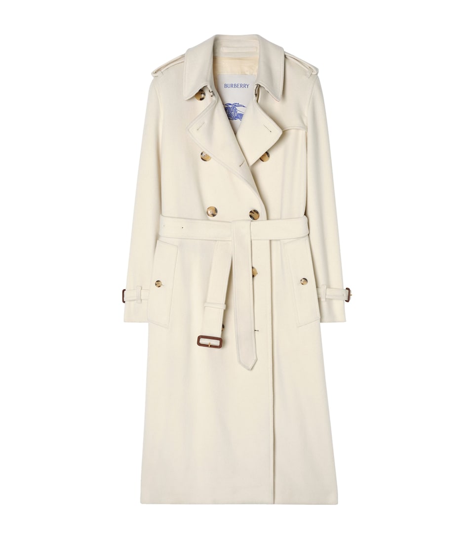 Burberry Womens Cashmere Long Kensington Trench Coat Ivory White