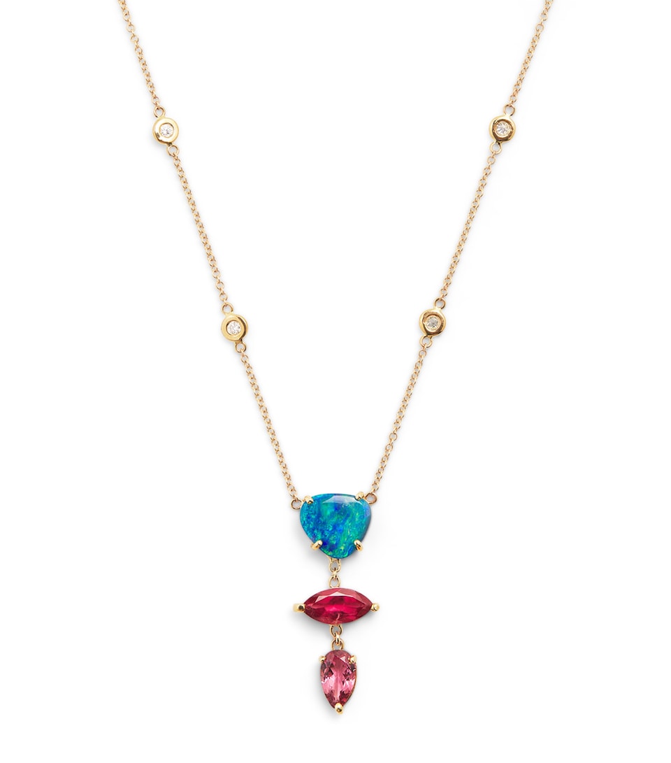 Yellow Gold, Diamond, Tourmaline and Opal Freeform 4-Step Necklace