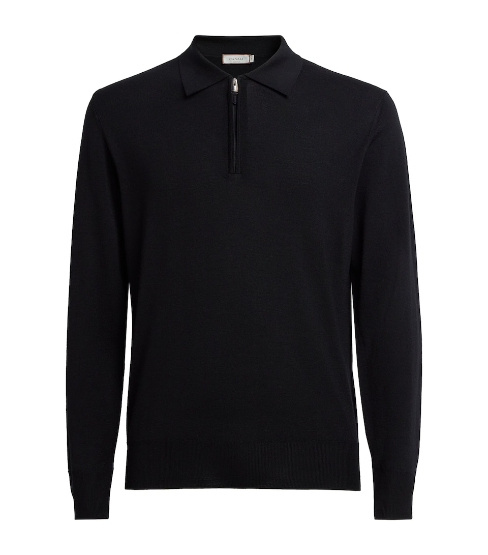 Canali Mens Wool Quarter-Zip Polo Sweater Black