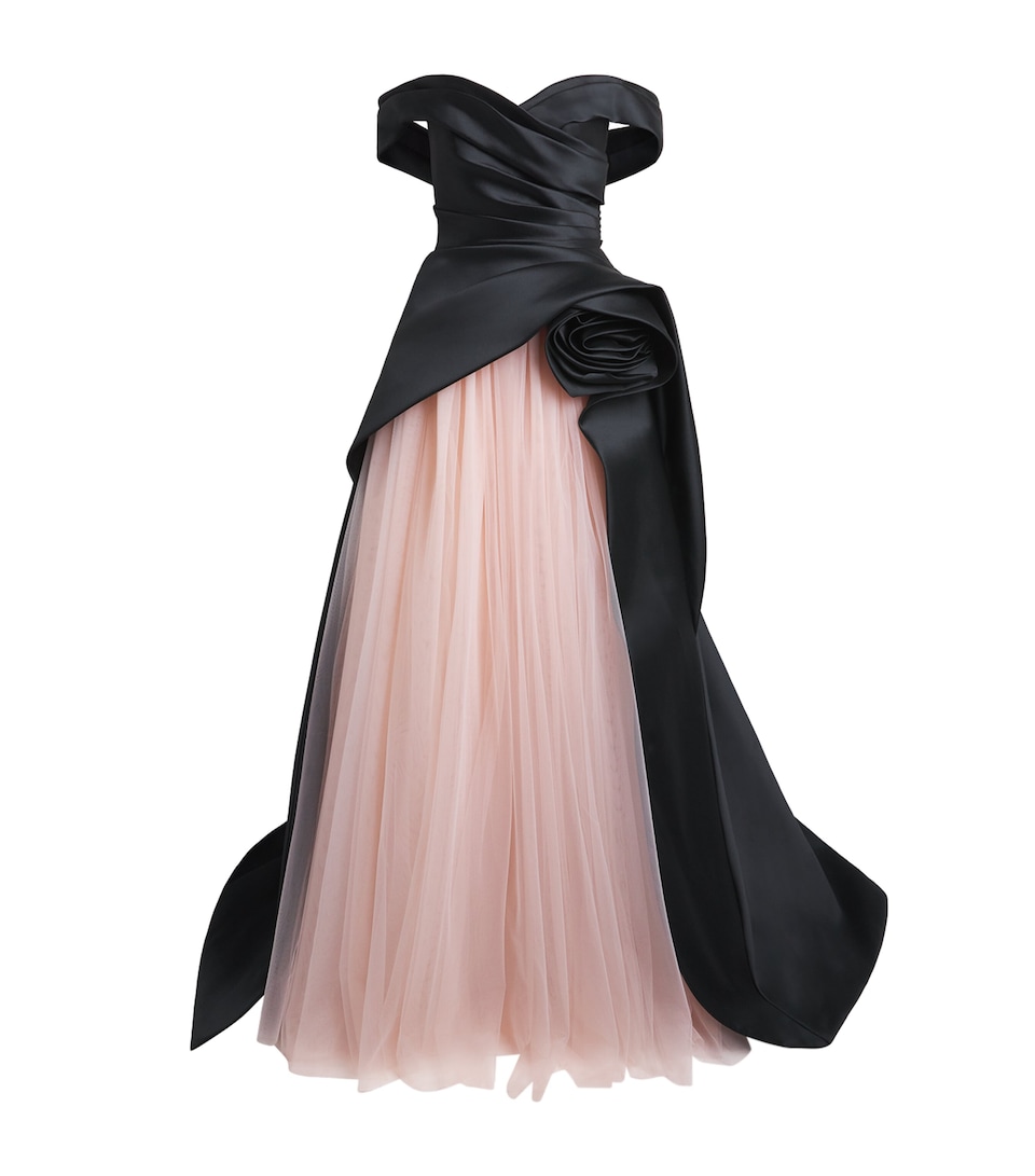 Pamella Roland Womens Tulle Appliqué Off‑The‑Shoulder Gown Black/pink