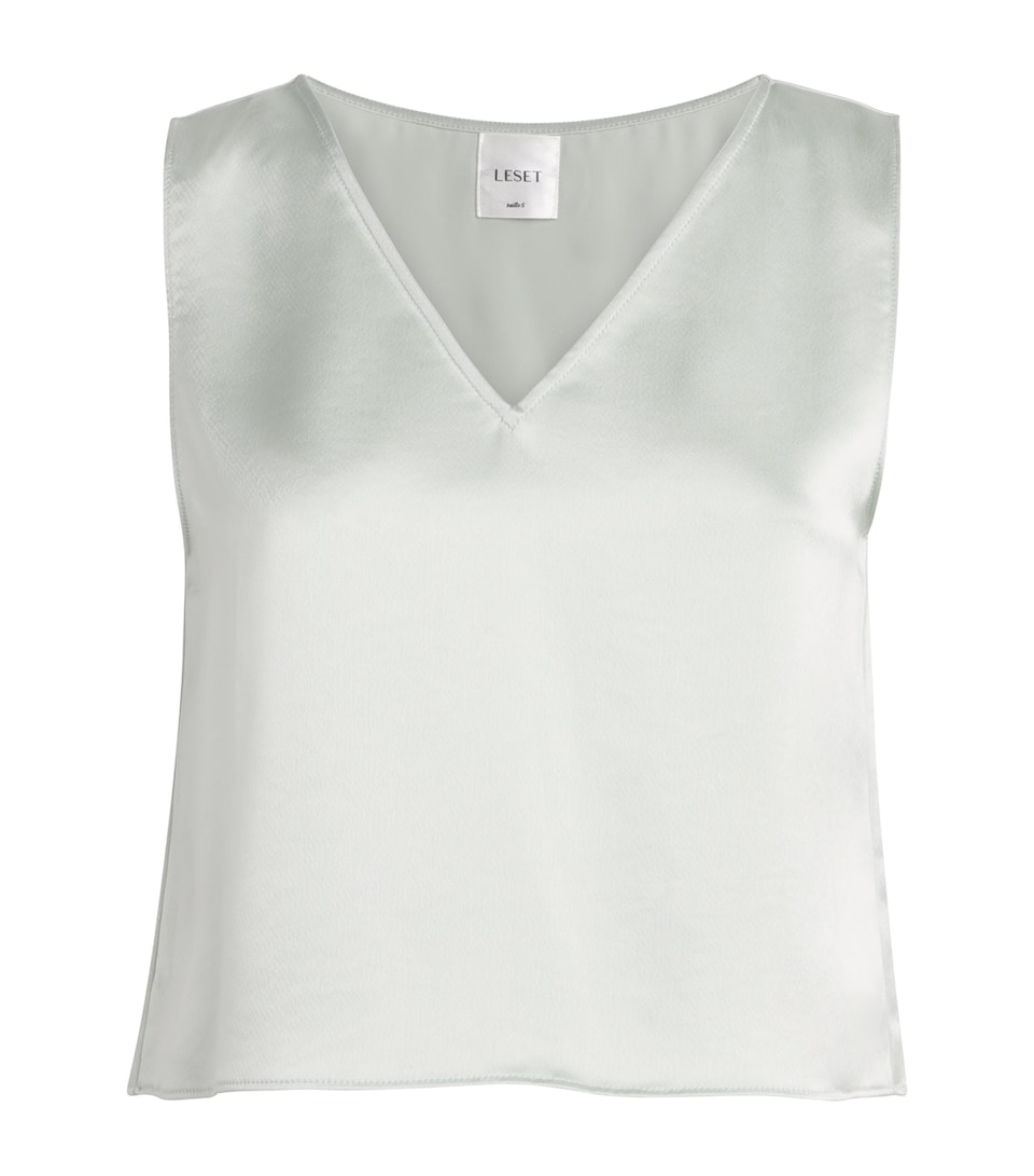 LESET Womens Satin V-Neck Barb Top Watercress