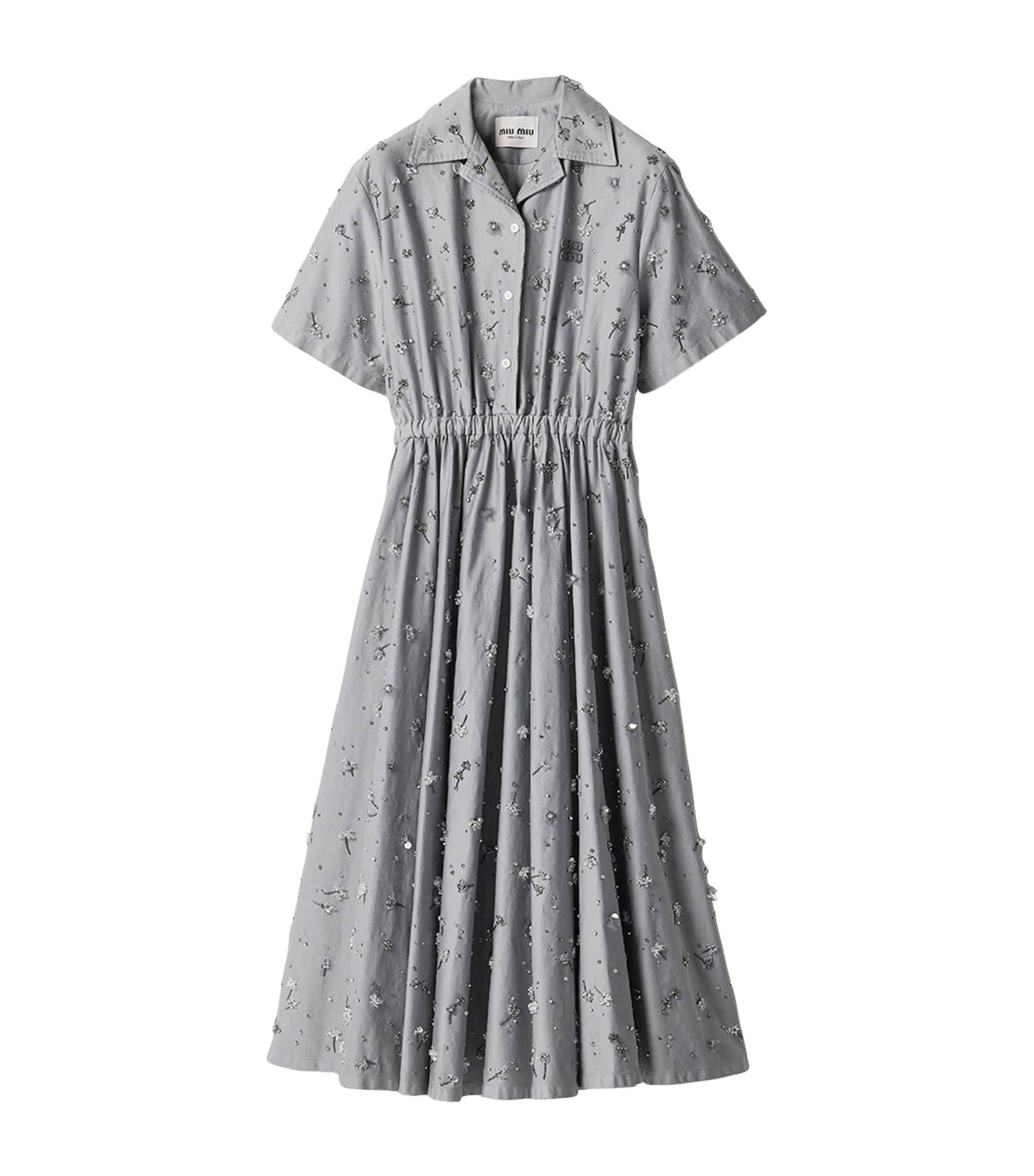 Miu Miu Womens Cotton Satin Embellished Midi Shirt Dress
