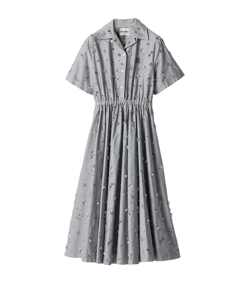 Miu Miu Womens Cotton Satin Embellished Midi Shirt Dress
