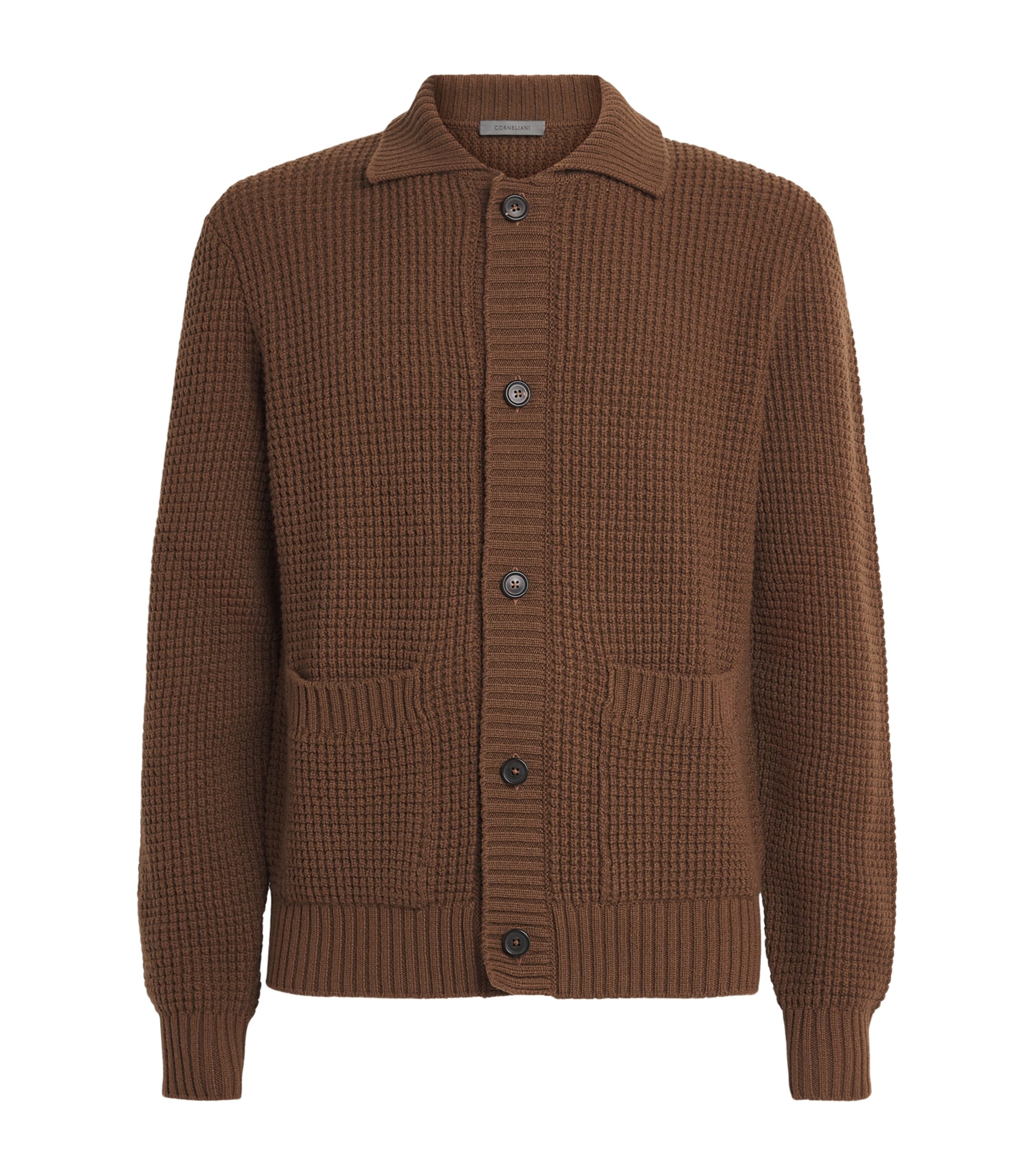 Corneliani Mens Virgin Wool-Cashmere Waffle-Knit Cardigan Natural/beige