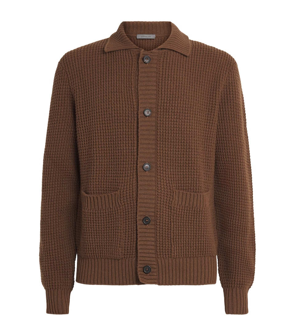 Corneliani Mens Virgin Wool-Cashmere Waffle-Knit Cardigan Natural/beige