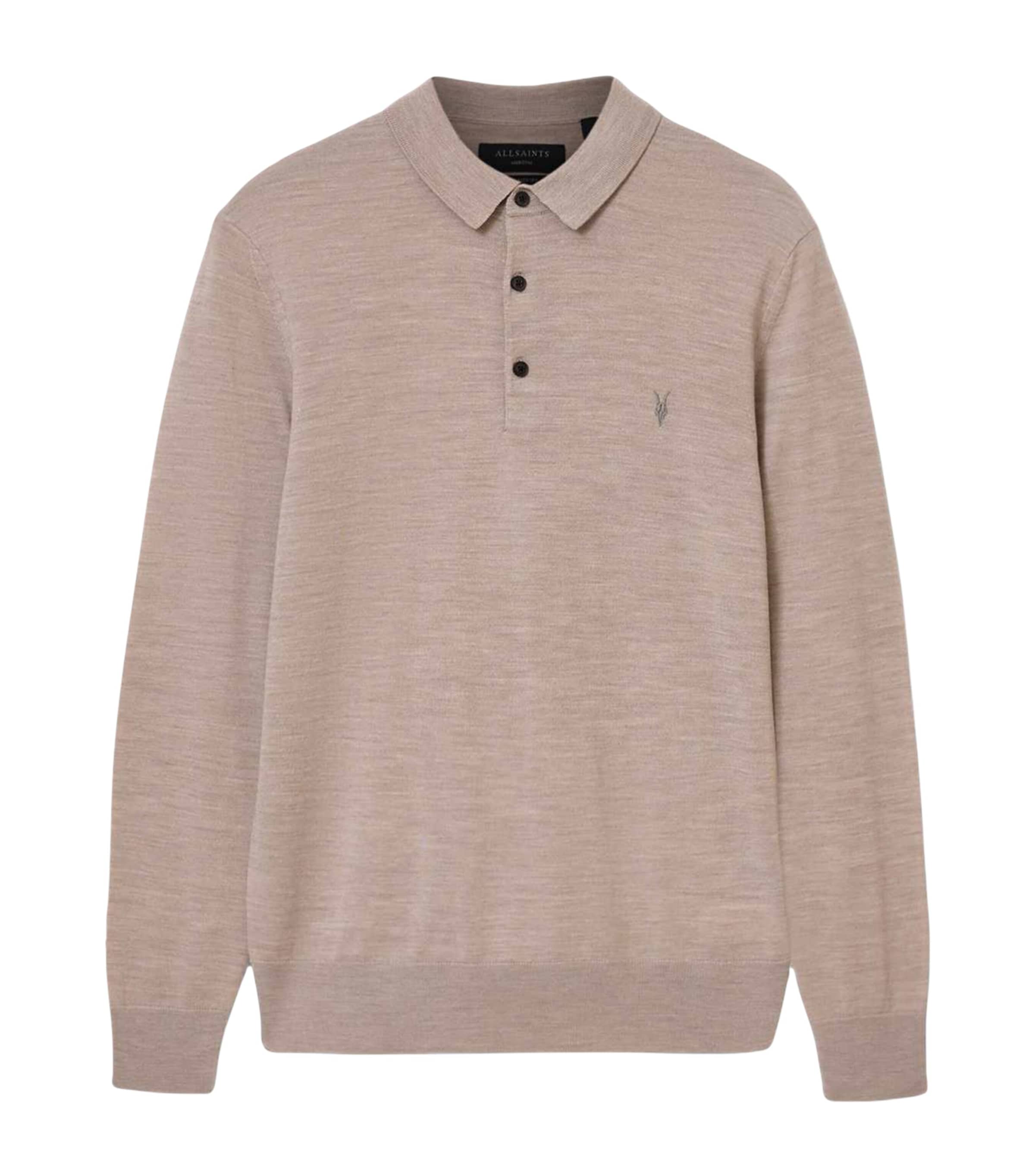 AllSaints Mens Merino Wool Mode Polo Shirt Stone Taupe