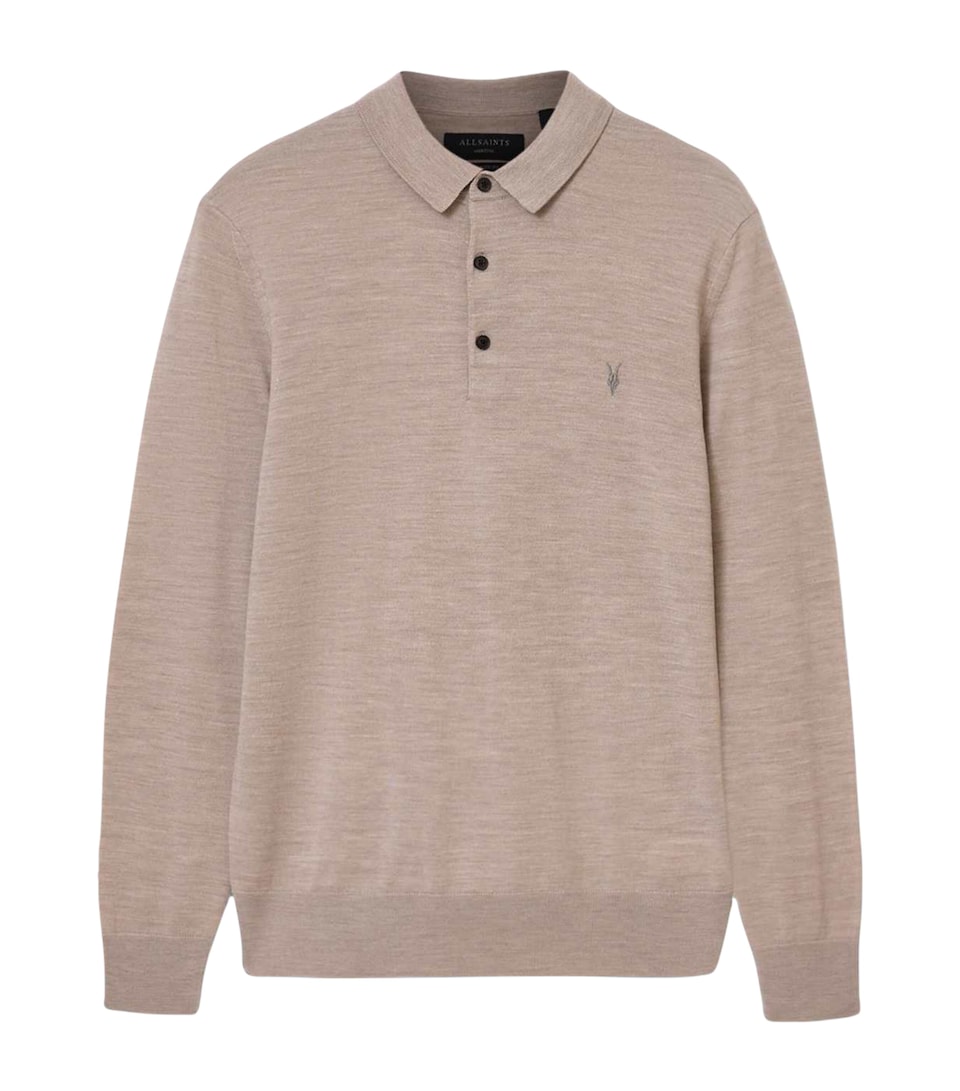 AllSaints Mens Merino Wool Mode Polo Shirt Stone Taupe