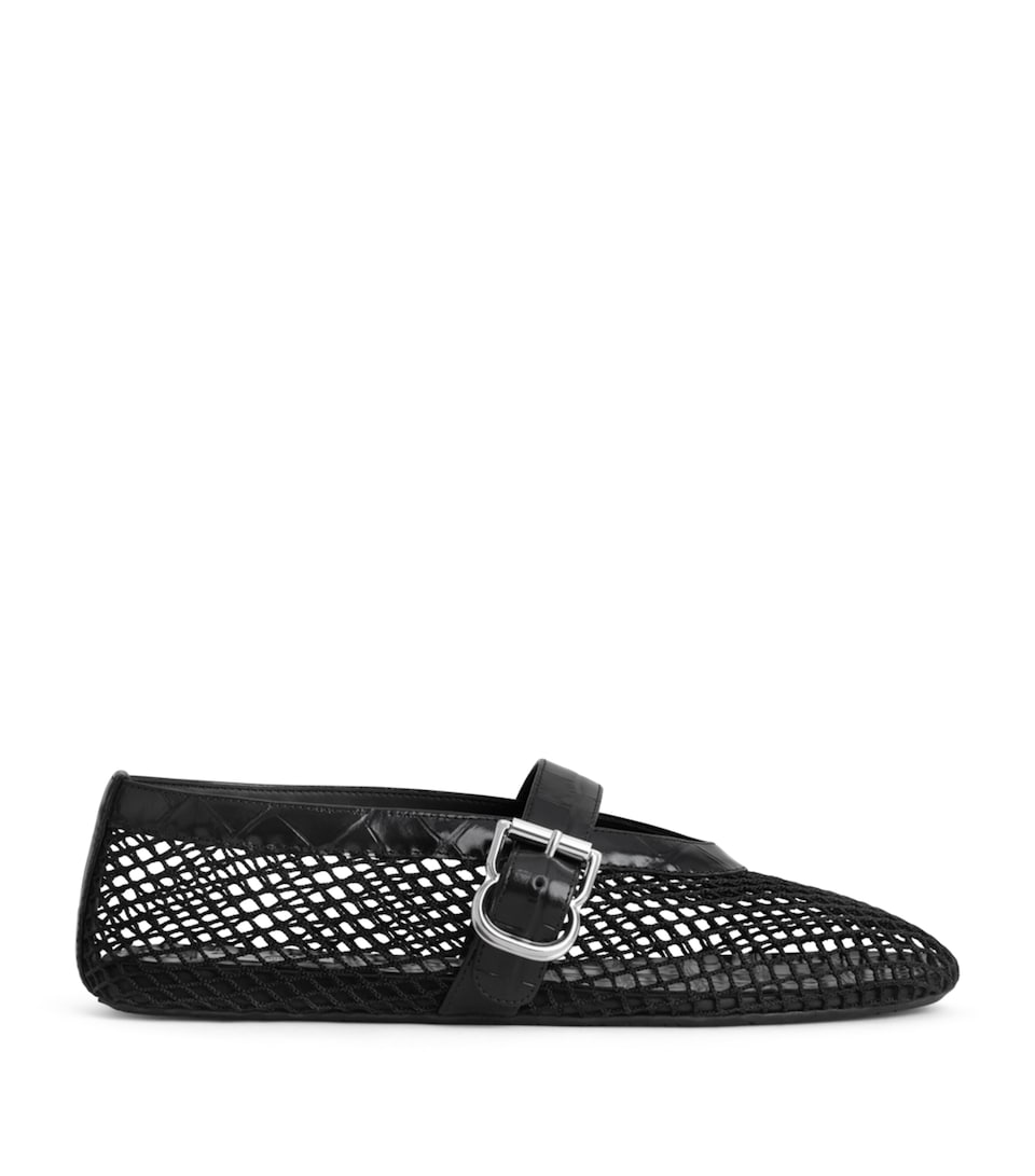 Alaïa Croc-Embossed Leather Mesh Ballet Flats Black