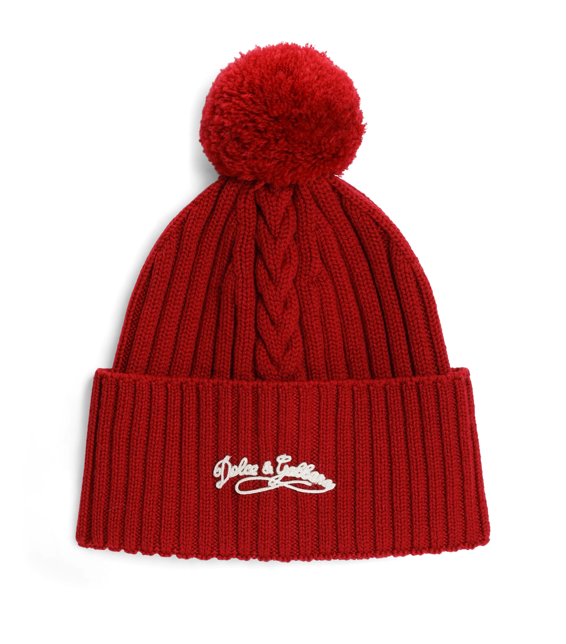 Dolce&Gabbana Kids Virgin Wool Knitted Bobble Hat Bright Red