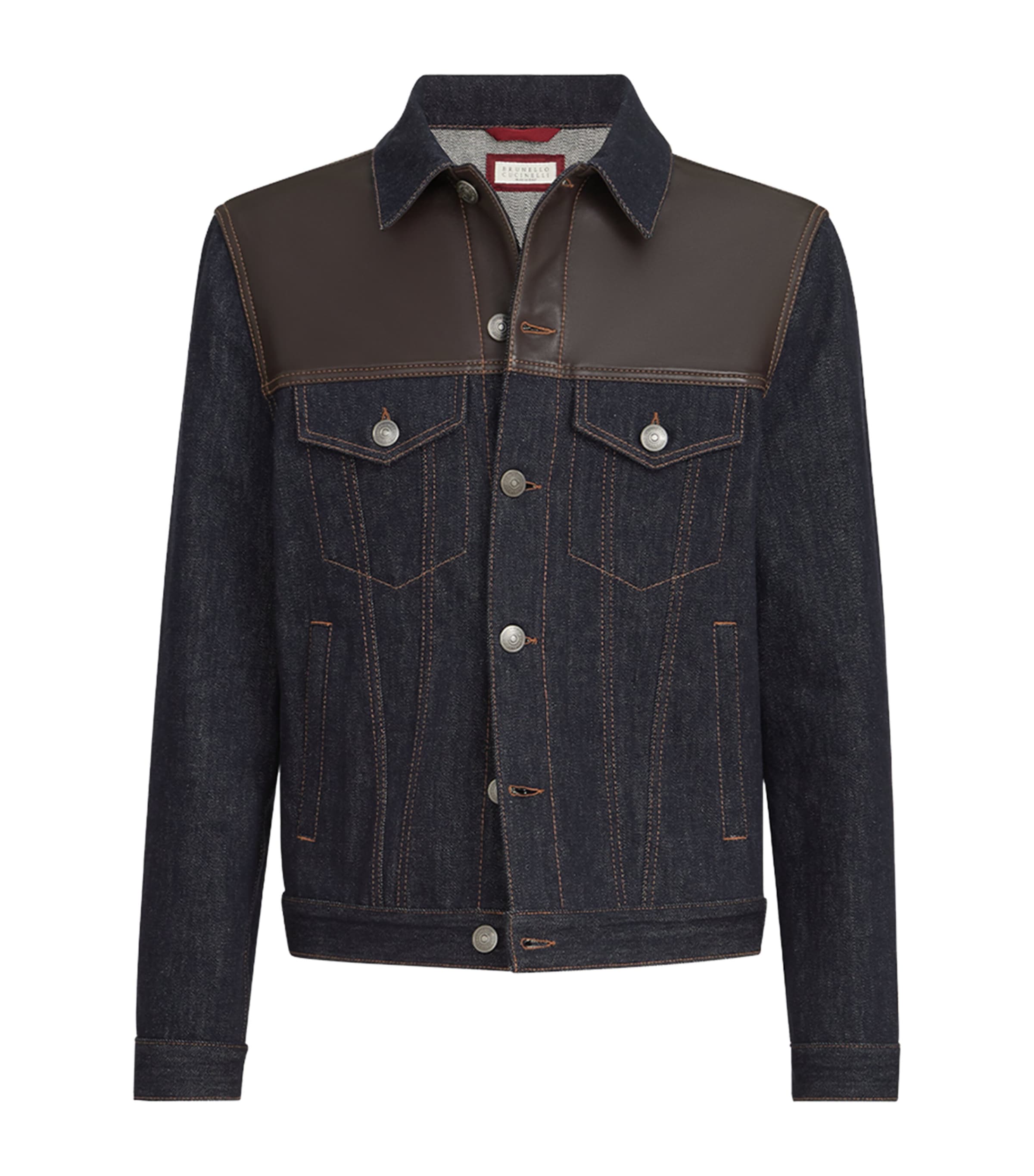 Brunello Cucinelli Mens Leather-Trim Denim Jacket Blue