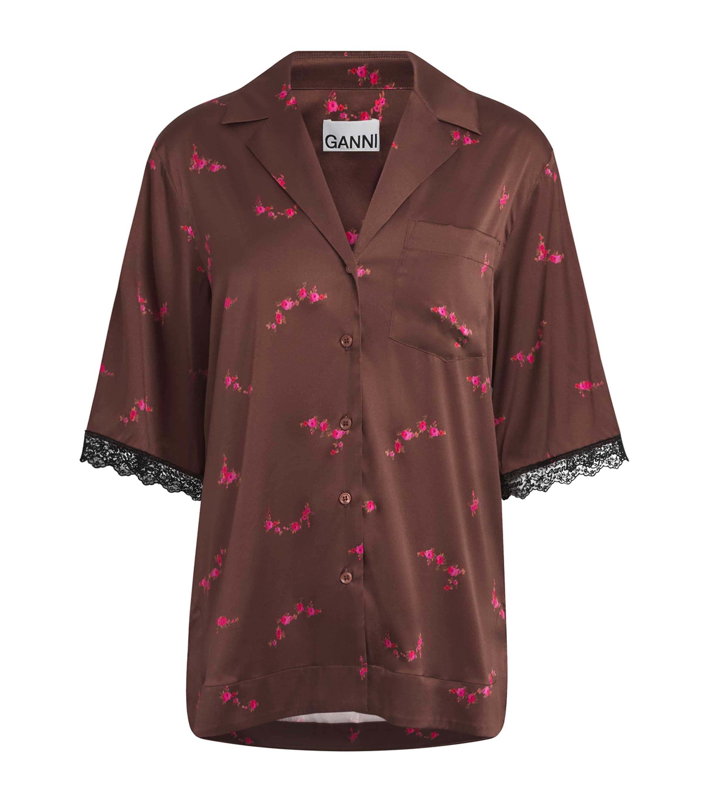 GANNI Womens Silk-Satin Floral Lace-Trim Shirt Tiramisu