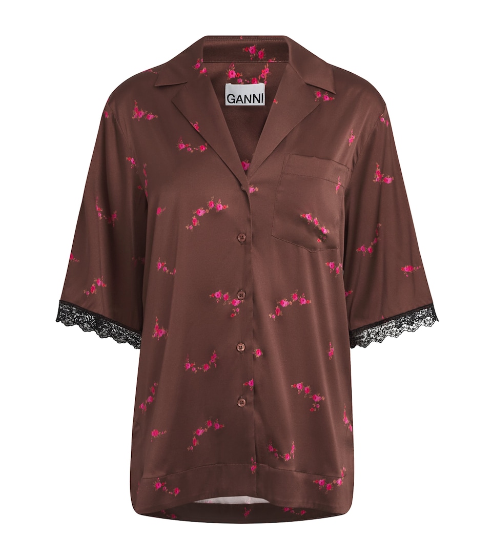 GANNI Womens Silk-Satin Floral Lace-Trim Shirt Tiramisu
