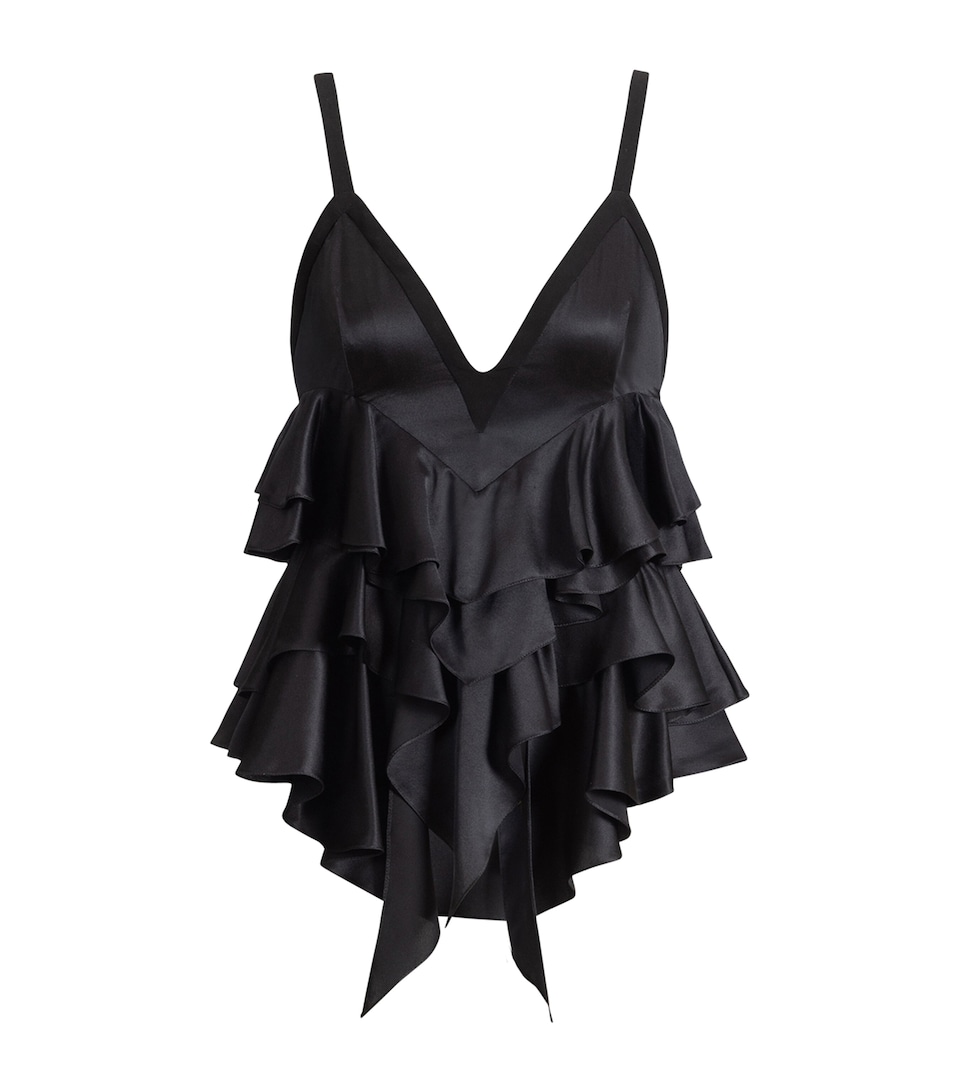 Balmain Womens Silk Satin Ruffled Top Eap Noir/noir