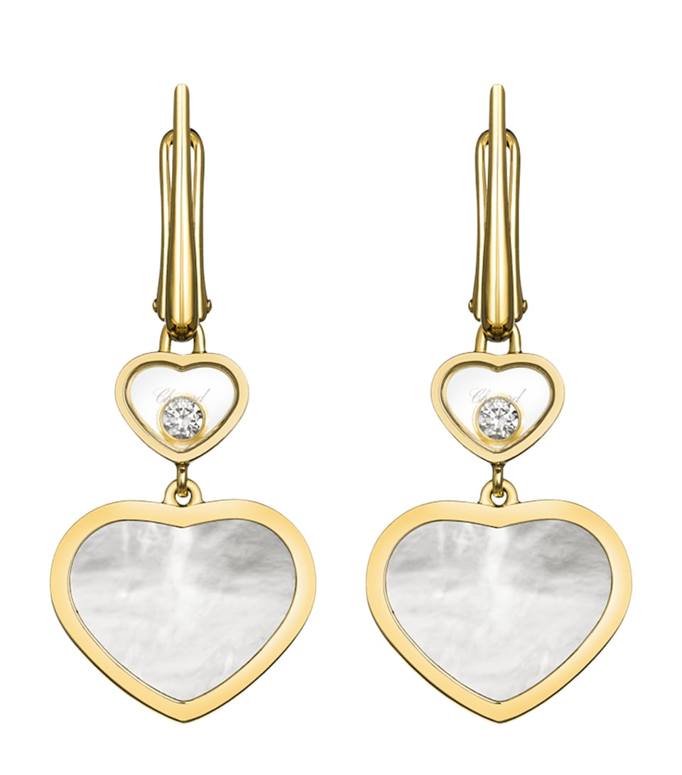 Yellow Gold, Diamond and Mother-of-Pearl Happy Hearts Drop Earrings