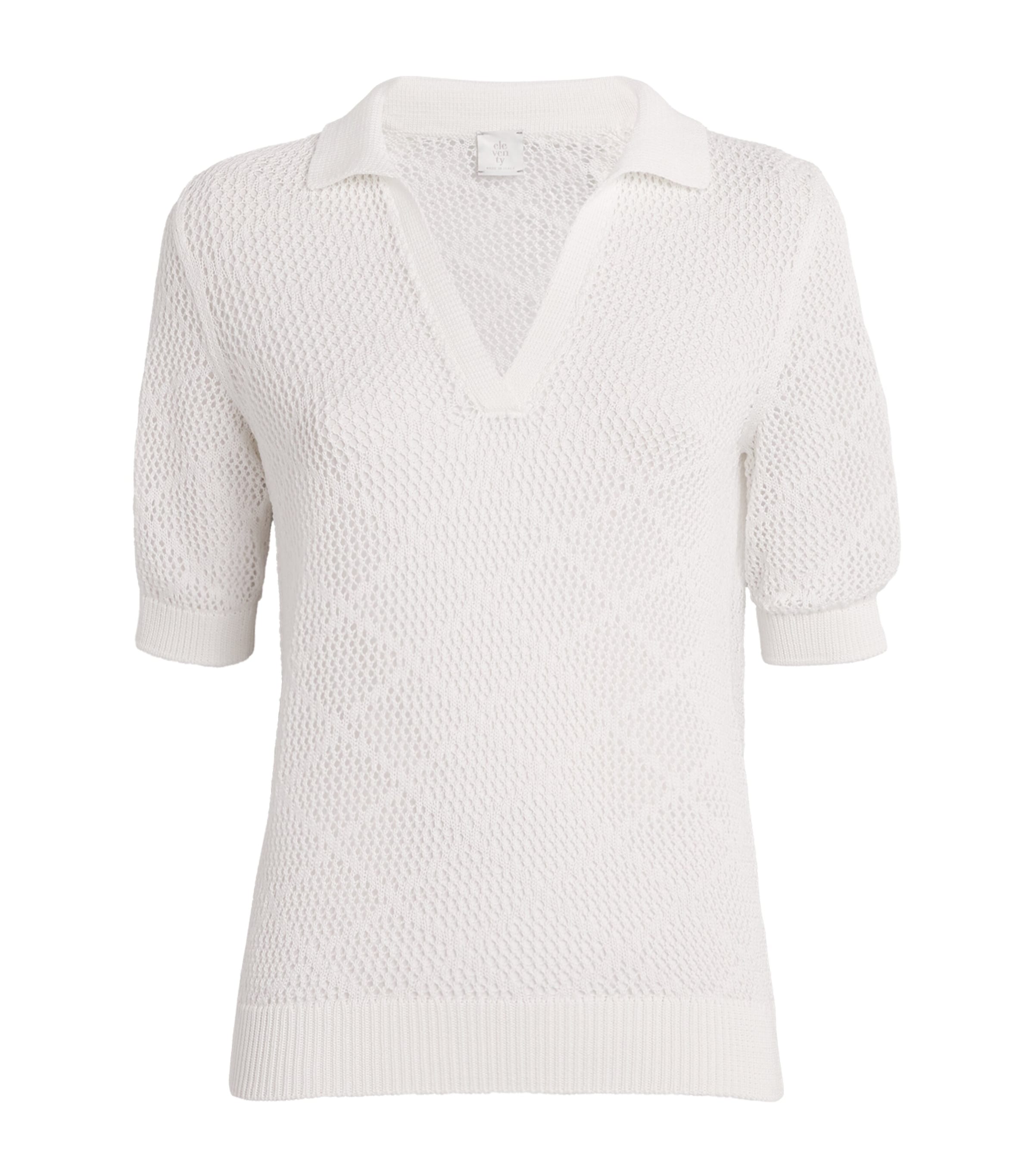 Eleventy Womens Cotton Crochet Polo Shirt Bianco