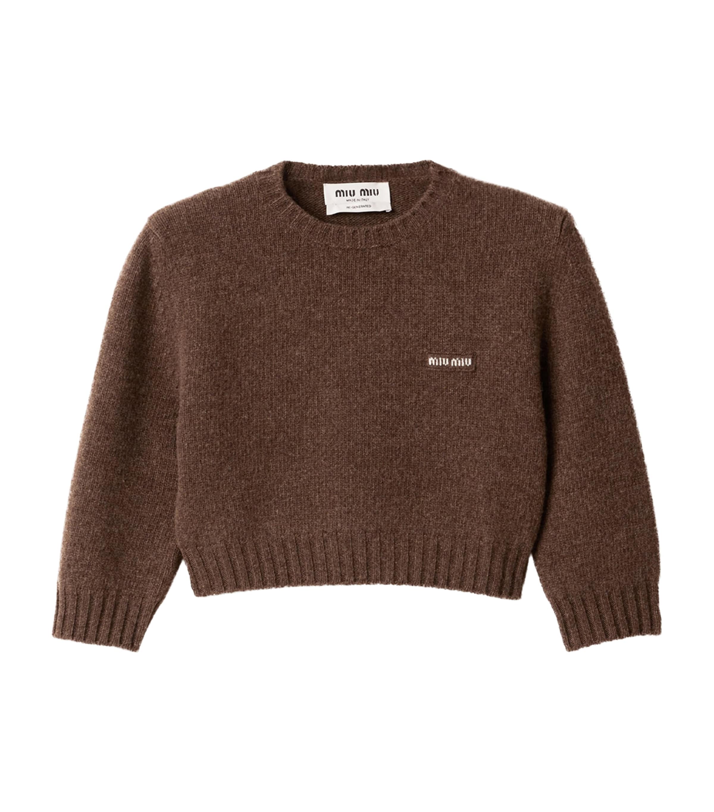 Miu Miu Womens Wool-Cashmere Cropped Sweater Brown