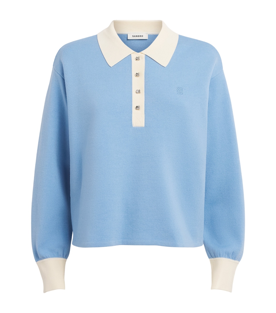 Sandro Paris Womens Button-Up Polo Sweater Sky Blue