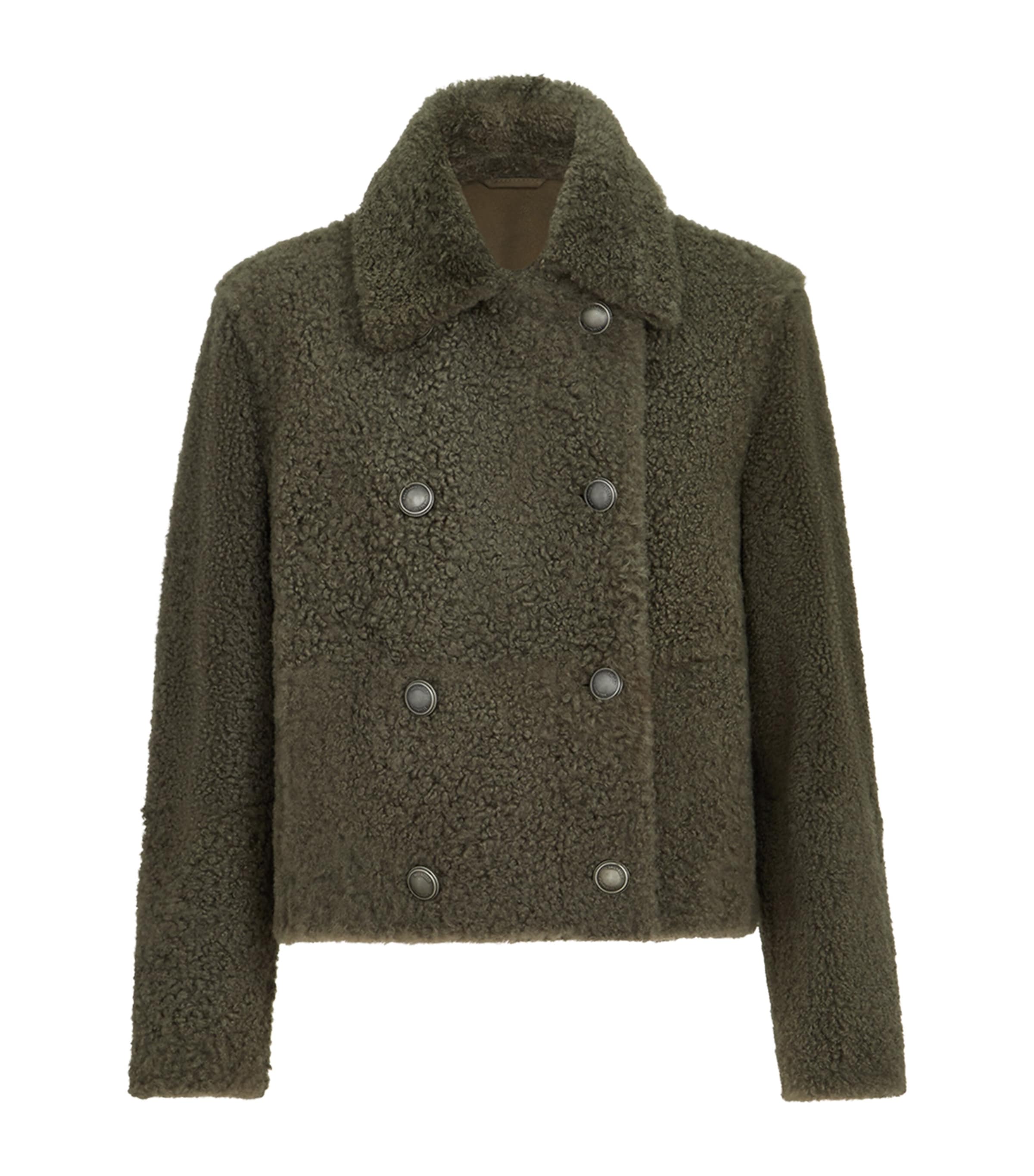 Brunello Cucinelli Womens Shearling Pea Coat Grigio Militare