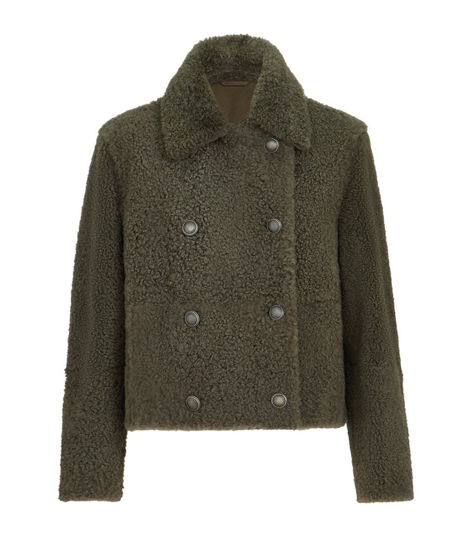 Brunello Cucinelli Womens Shearling Pea Coat Grigio Militare