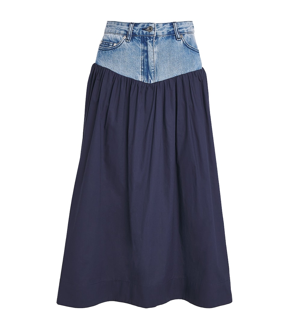Denim-Poplin Hybrid Midi Skirt