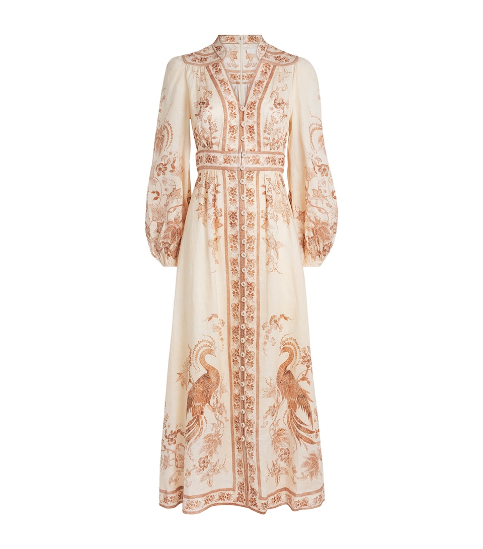 Zimmermann Womens Linen Indra Plunge Midi Dress Cream Tan Floral
