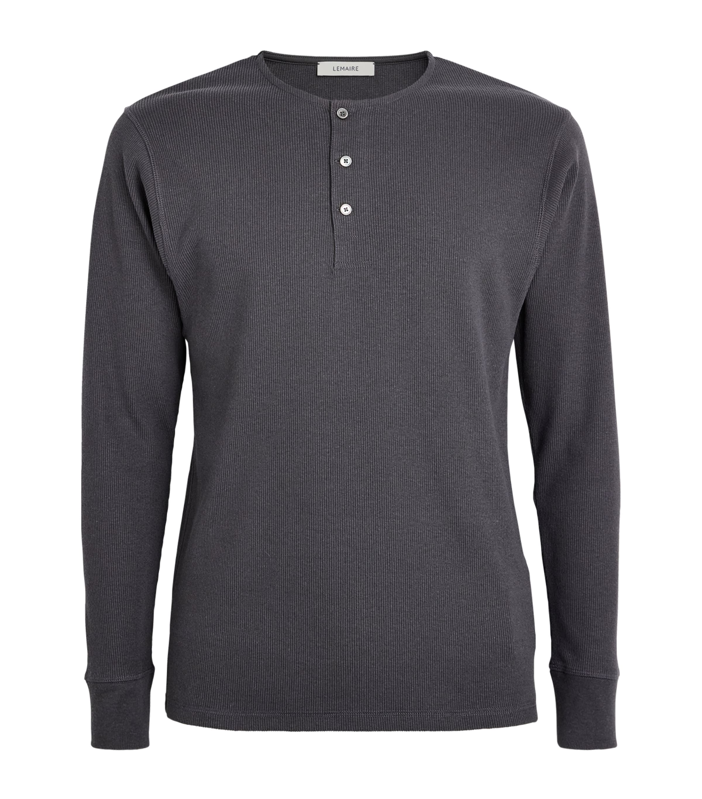 Lemaire Mens Cotton-Linen Rib-Knit Henley T-Shirt Basalt