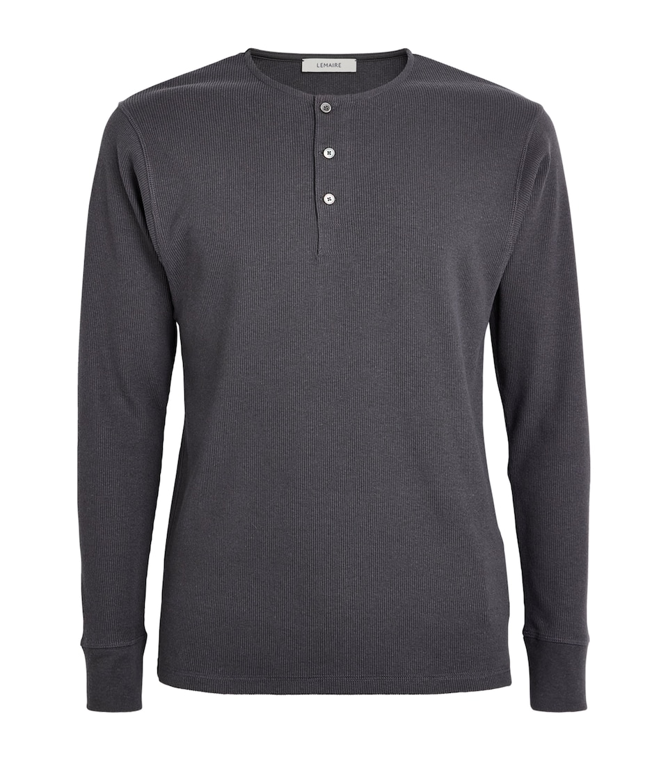 Lemaire Mens Cotton-Linen Rib-Knit Henley T-Shirt Basalt
