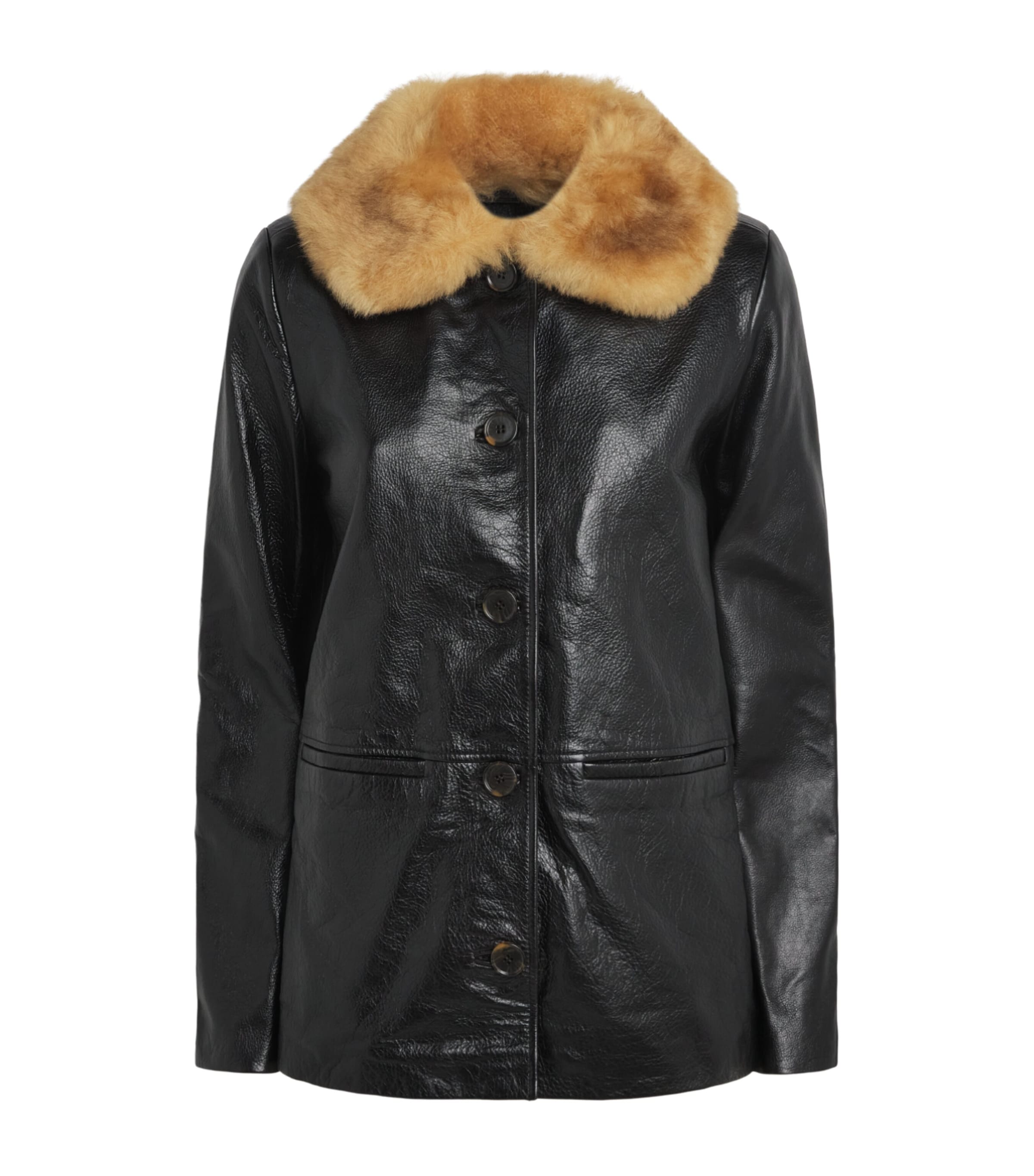 DÔEN Womens Leather Shearling-Collar Seville Jacket Black