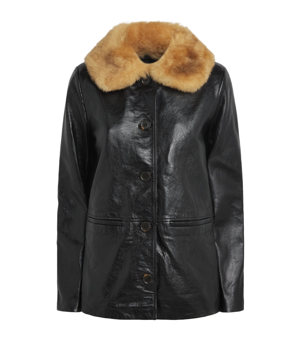 DÔEN Womens Leather Shearling-Collar Seville Jacket Black
