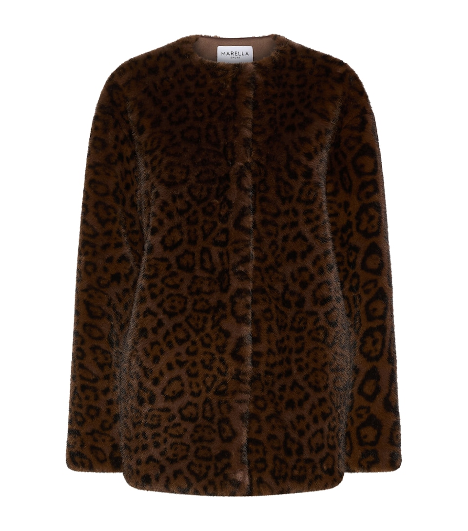 Marella Womens Faux Fur Leopard Print Jacket Cocoa