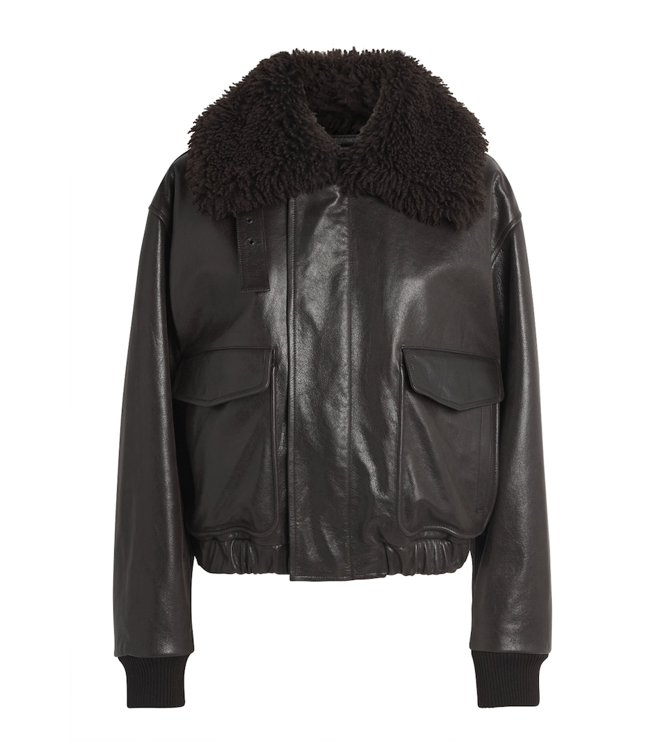 Lemaire Womens Leather Aviator Jacket Ebony