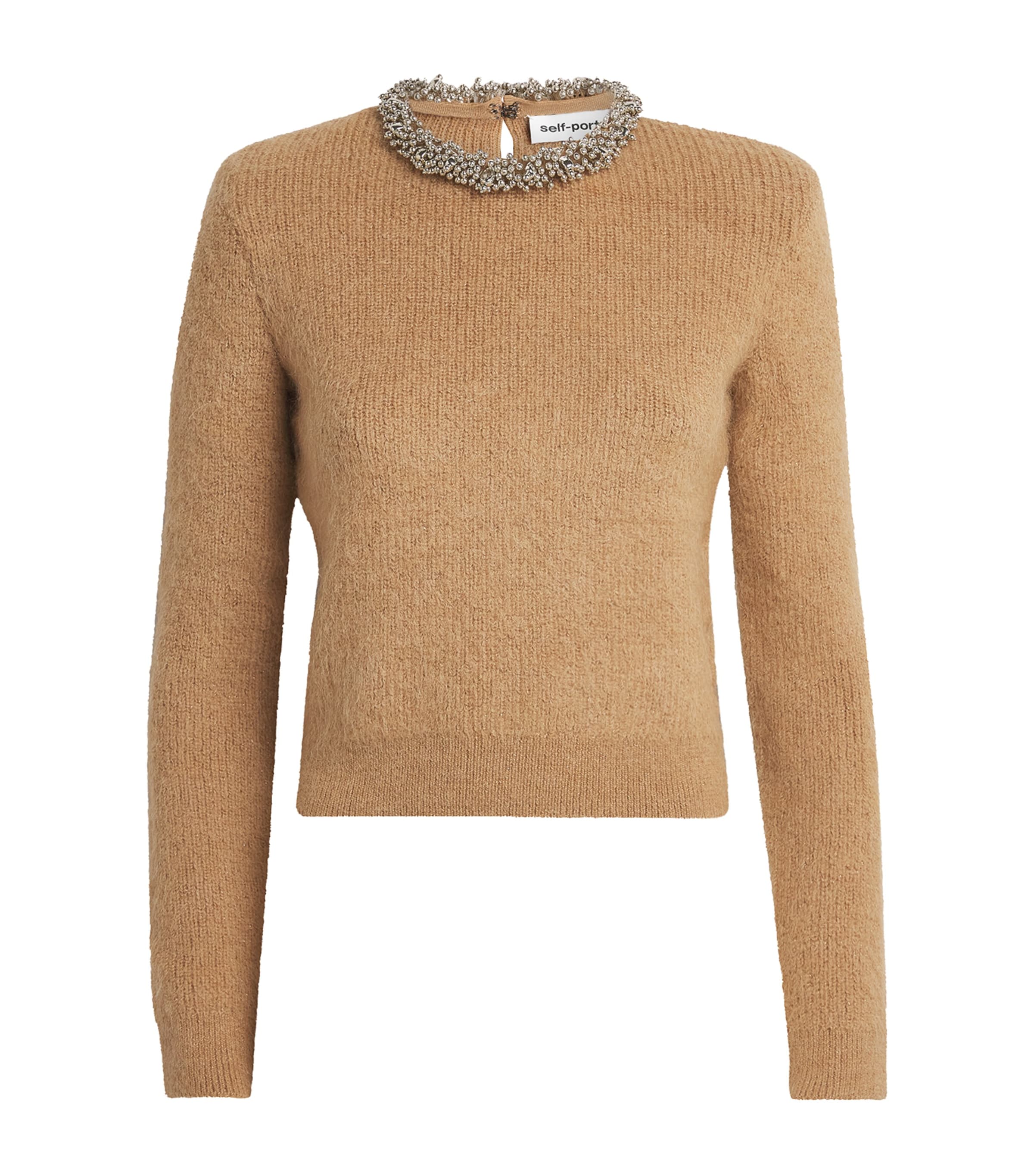 Self-Portrait Womens Beaded-Neckline Sweater Brown