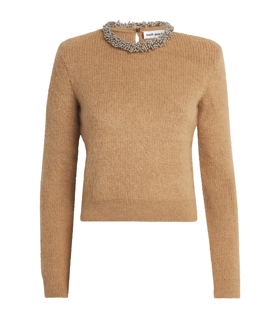 Self-Portrait Womens Beaded-Neckline Sweater Brown
