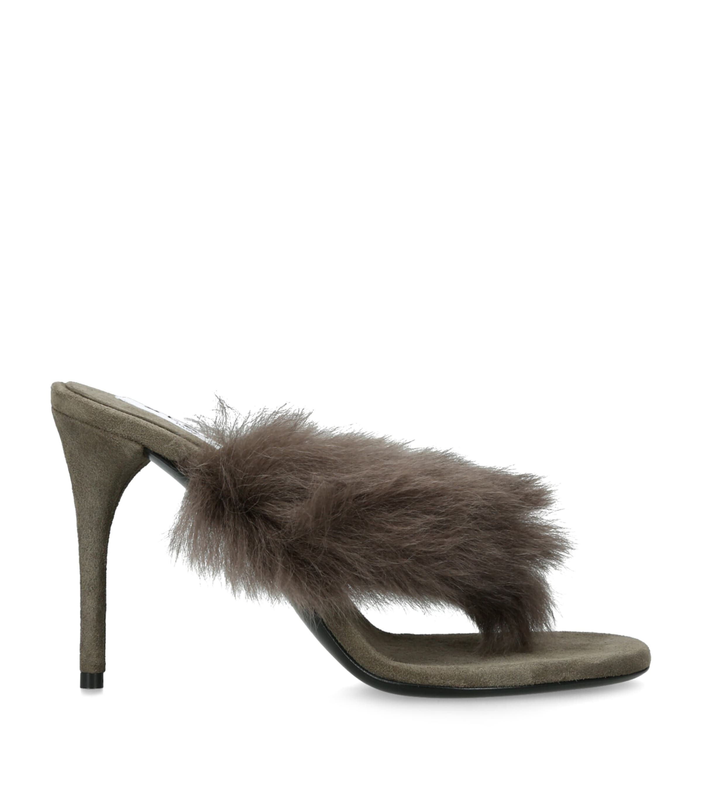Shearling Fur Thong Heeled Mules 90